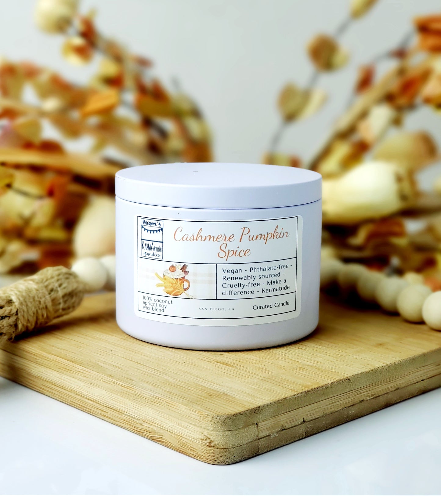 Cashmere Pumpkin Spice 8 oz candle in white tin with lid