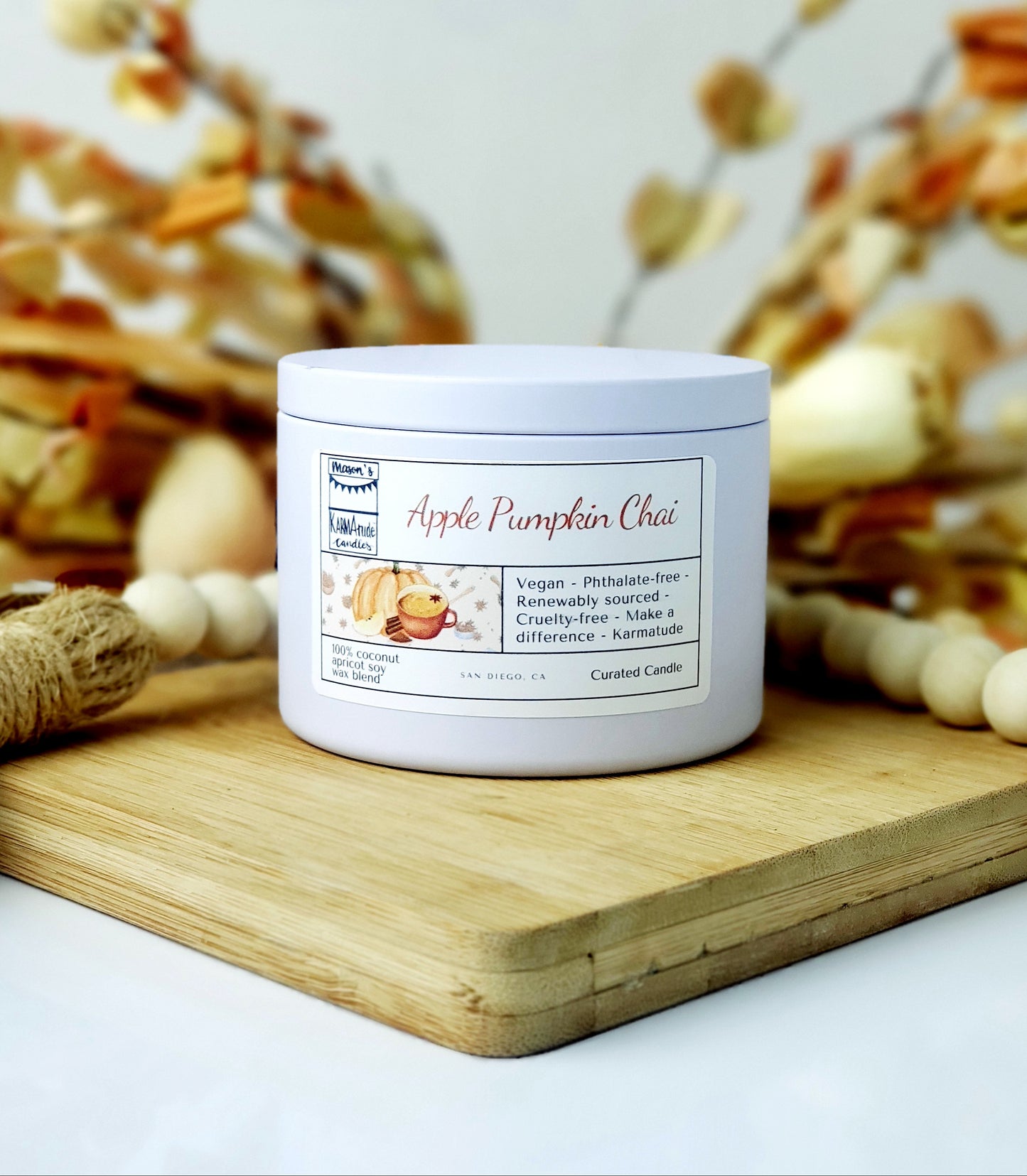Apple Pumpkin Chai 8 oz candle in white tin with lid