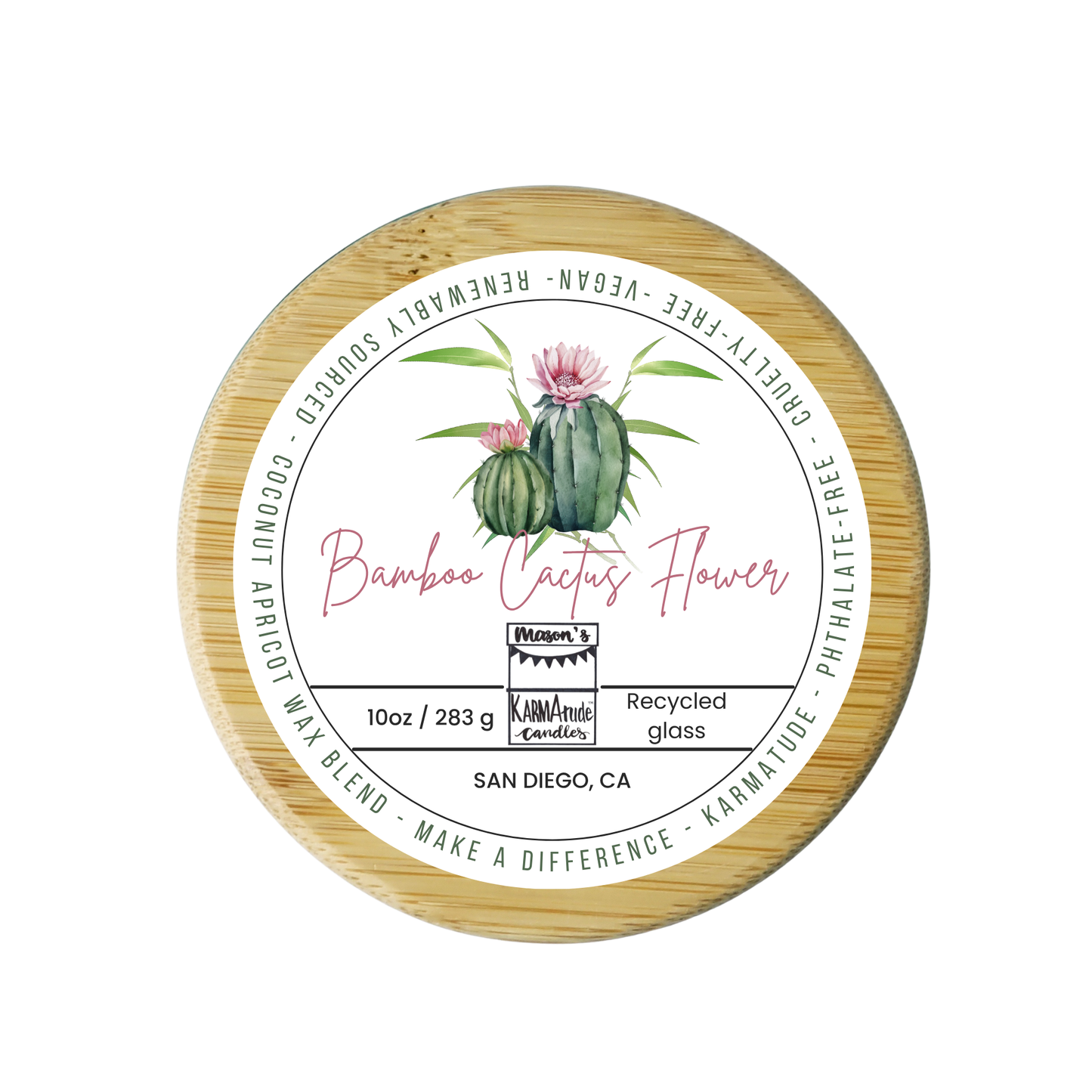 Bamboo Cactus Flower 10 oz wood wick candle in recycled glass with wood lid