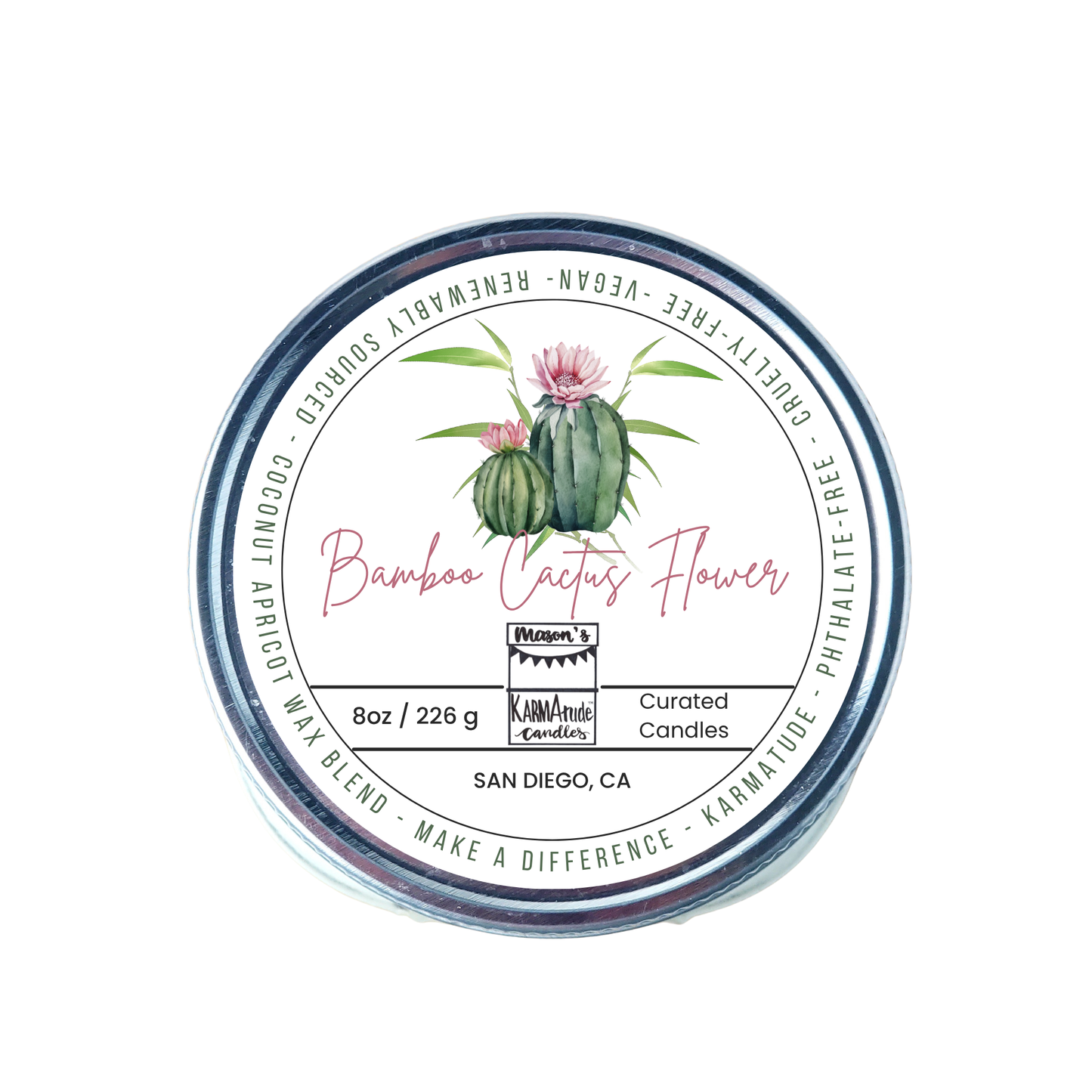 Bamboo Cactus Flower 8 oz candle in mason jar with lid