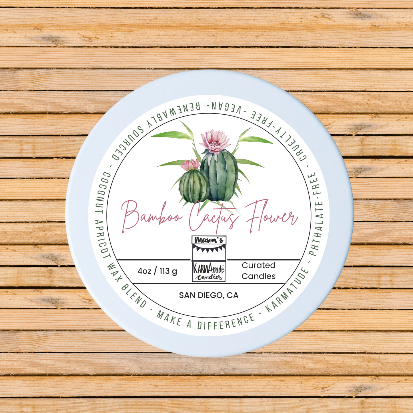 Bamboo Cactus Flower 4 oz candle in white tin with lid