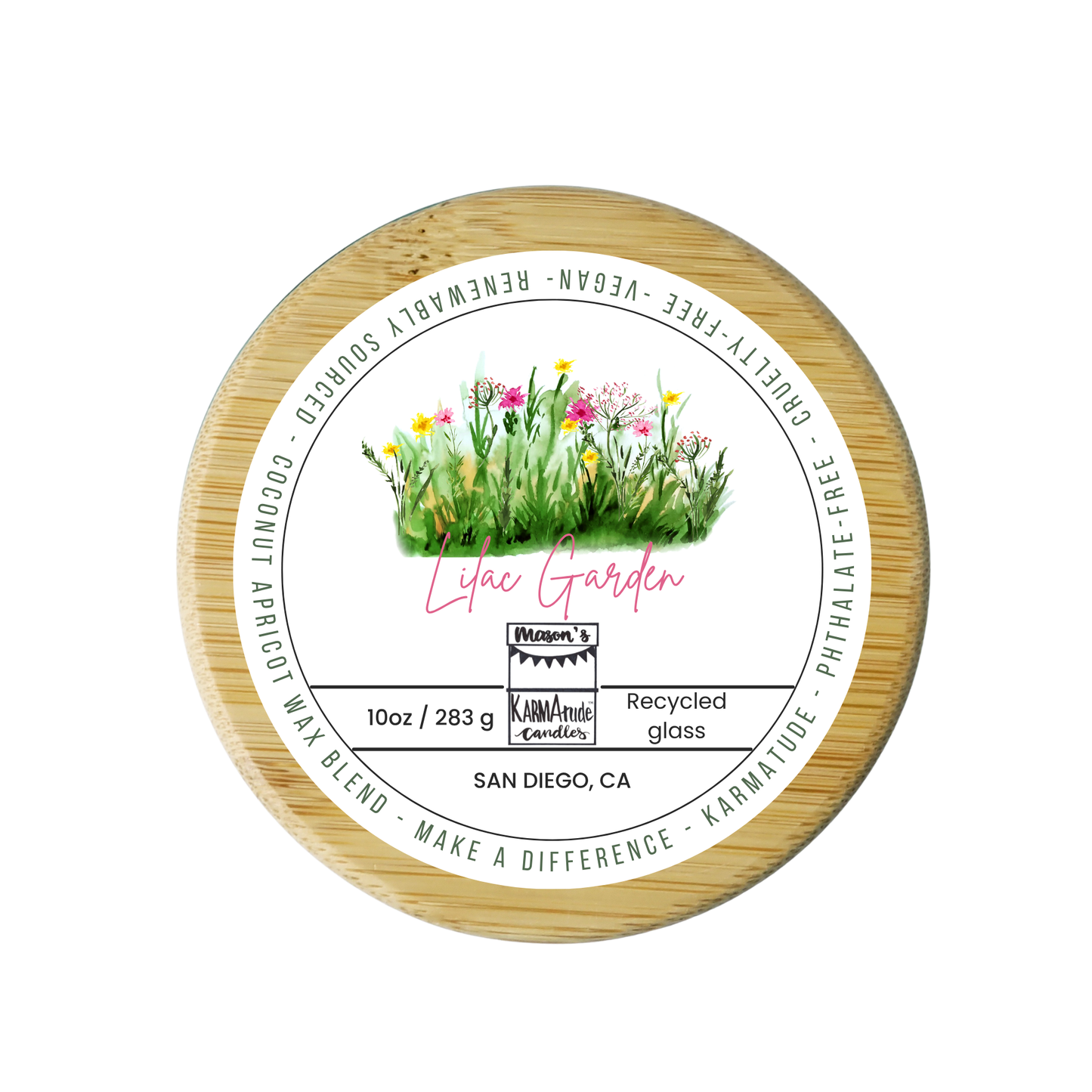 Lilac Garden 10 oz wood wick candle in recycled glass with wood lid