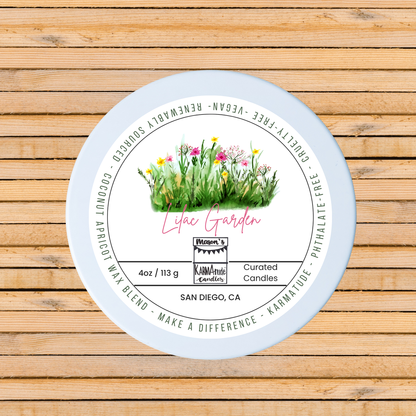 Lilac Garden 4 oz candle in white tin with lid