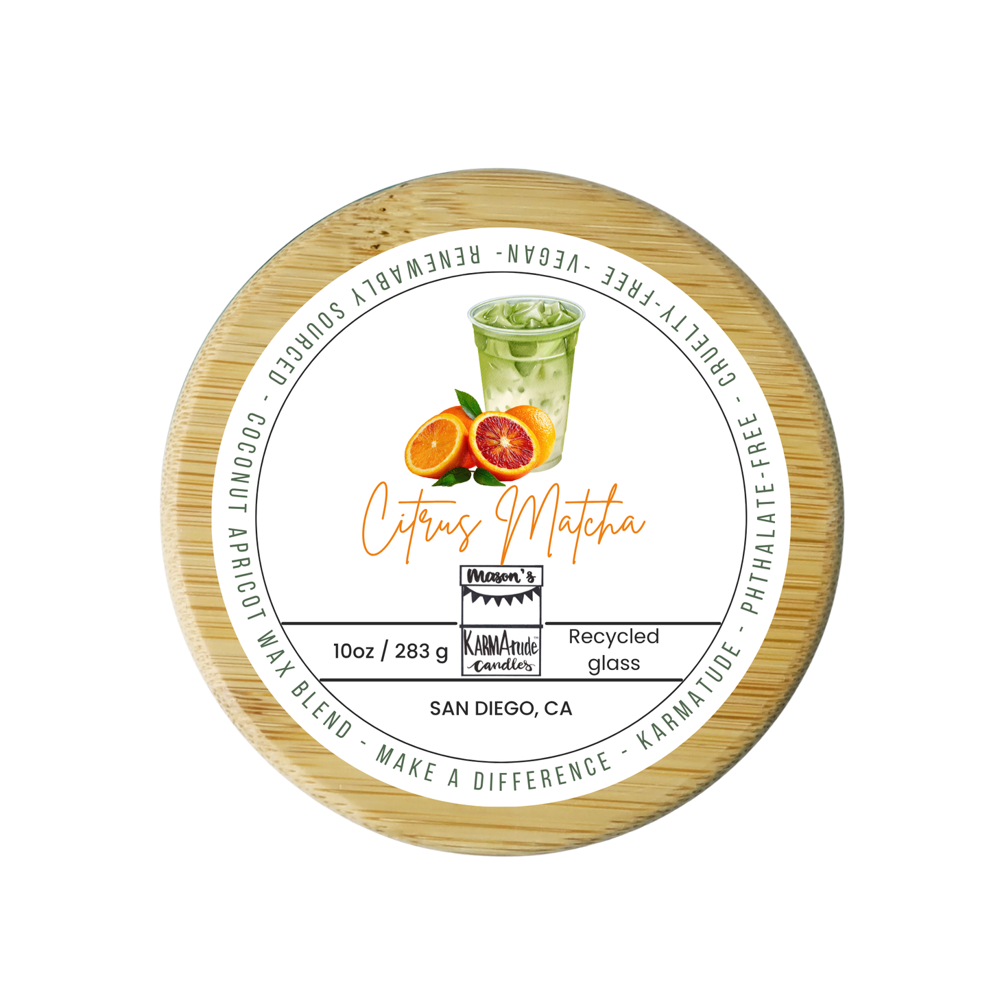 Citrus Matcha 10 oz wood wick candle in recycled glass with wood lid