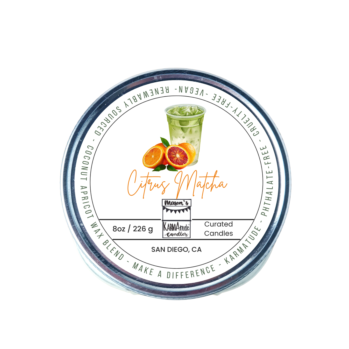 Citrus Matcha 8 oz candle in mason jar with lid