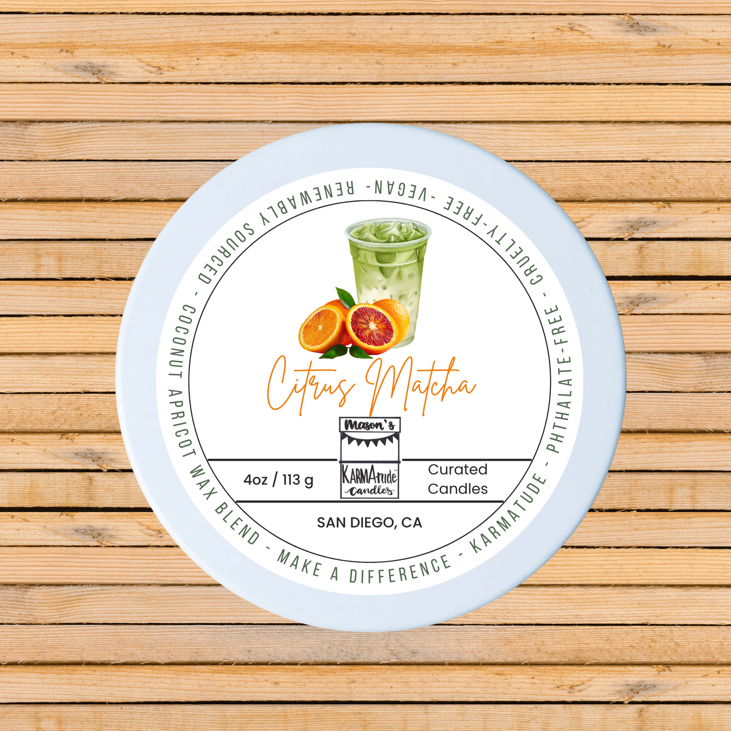Citrus Matcha 4 oz candle in white tin with lid