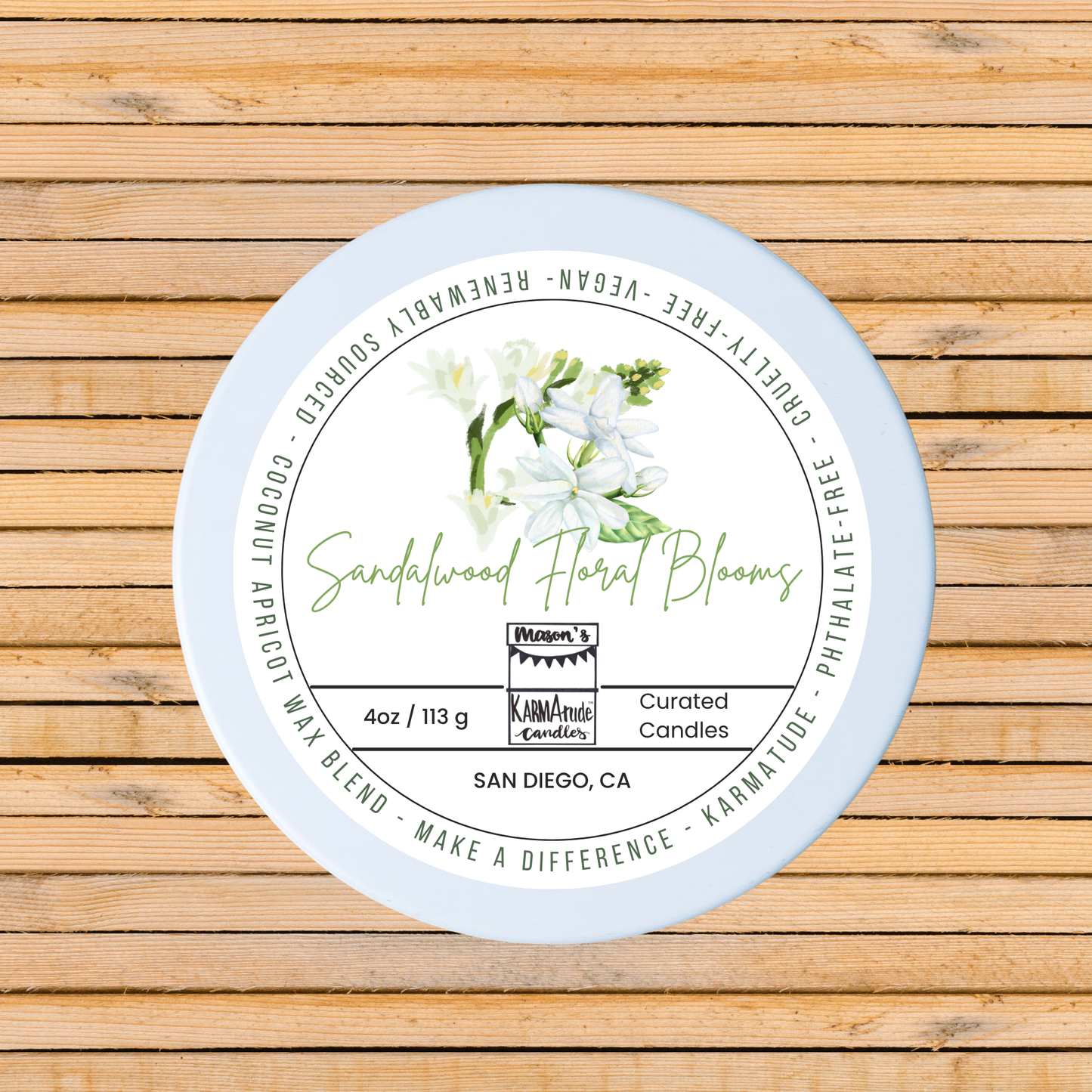 Sandalwood and Floral Blooms 4 oz candle in white tin with lid