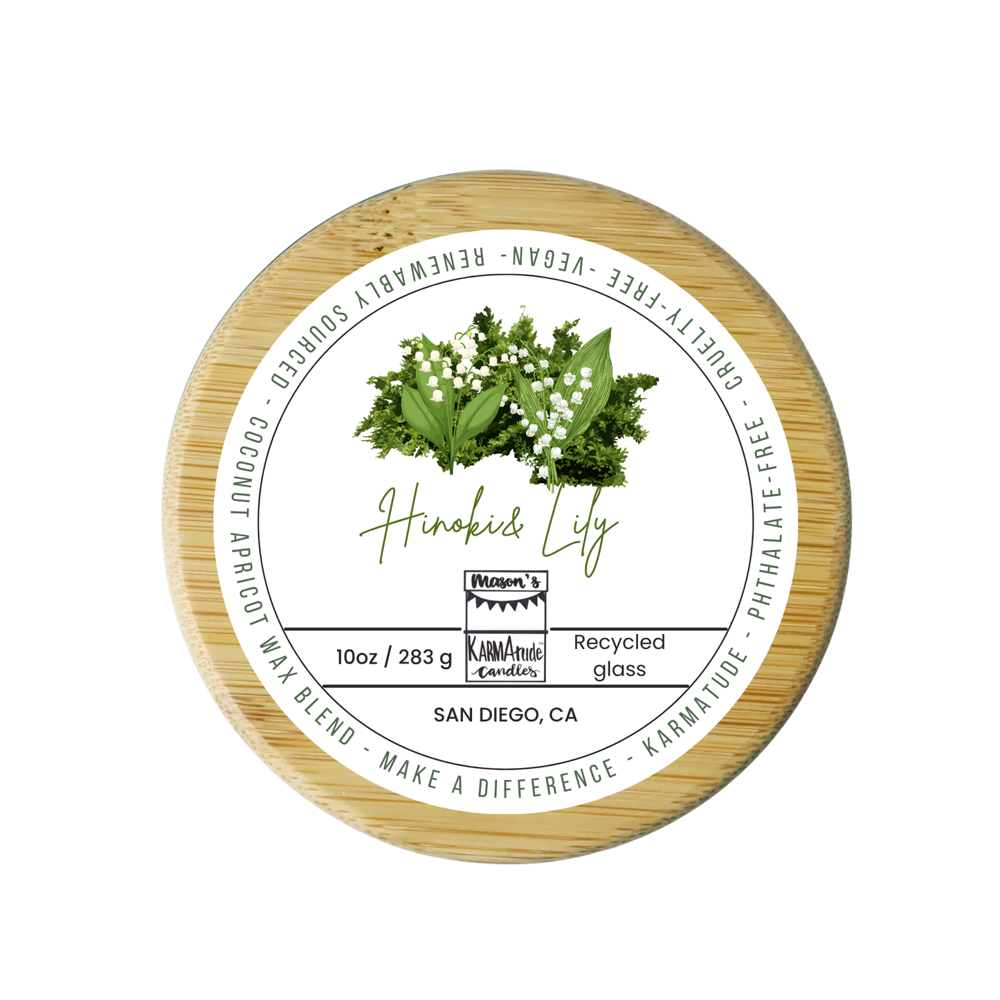 Hinoki & Lily 10 oz wood wick candle in recycled glass with wood lid