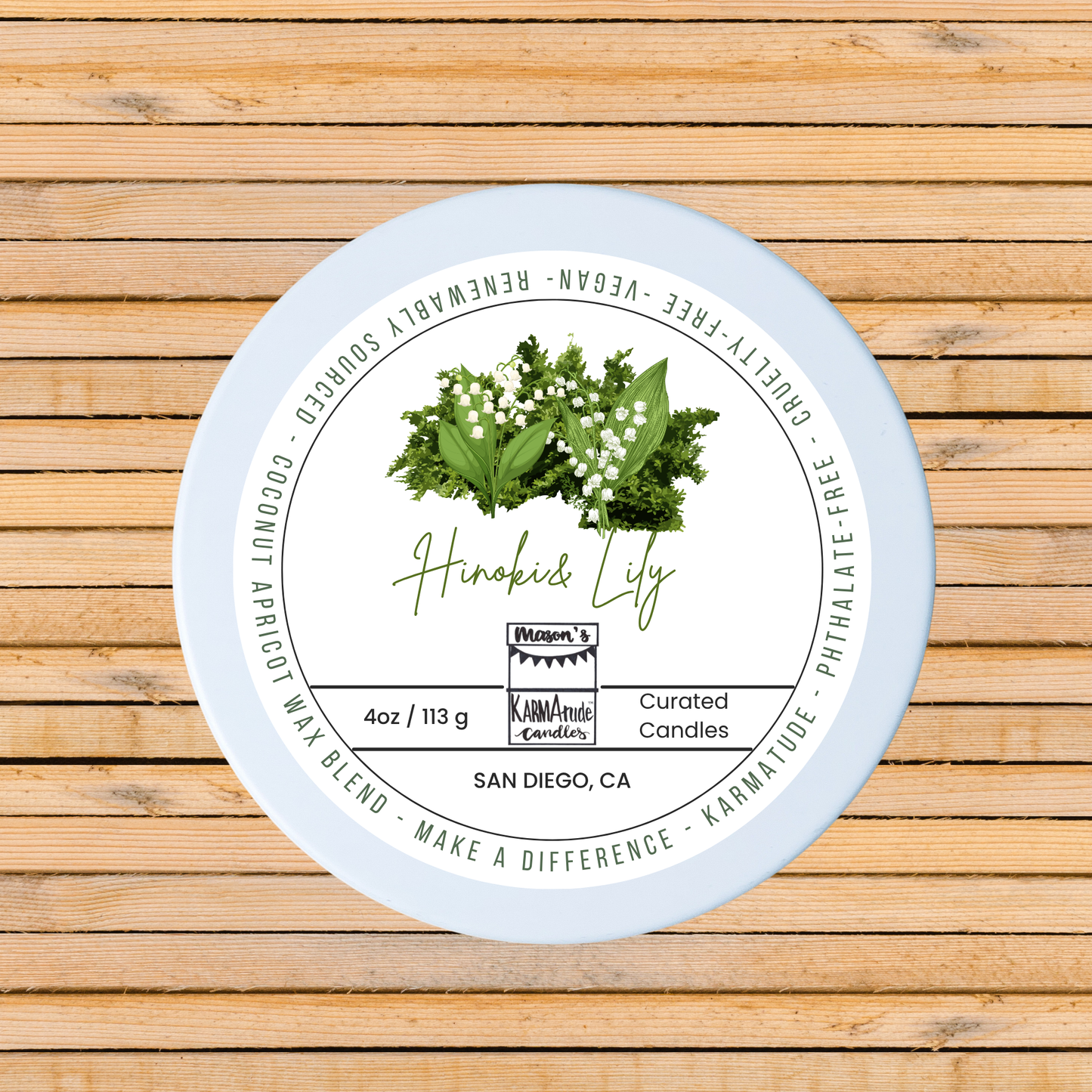 Hinoki & Lily 4 oz candle in white tin with lid