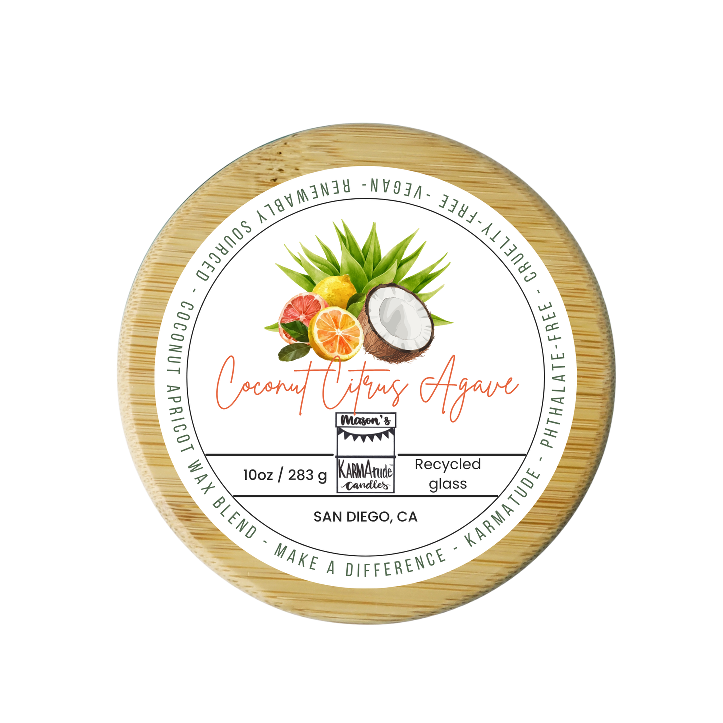 Coconut Citrus Agave 10 oz wood wick candle in recycled glass with wood lid