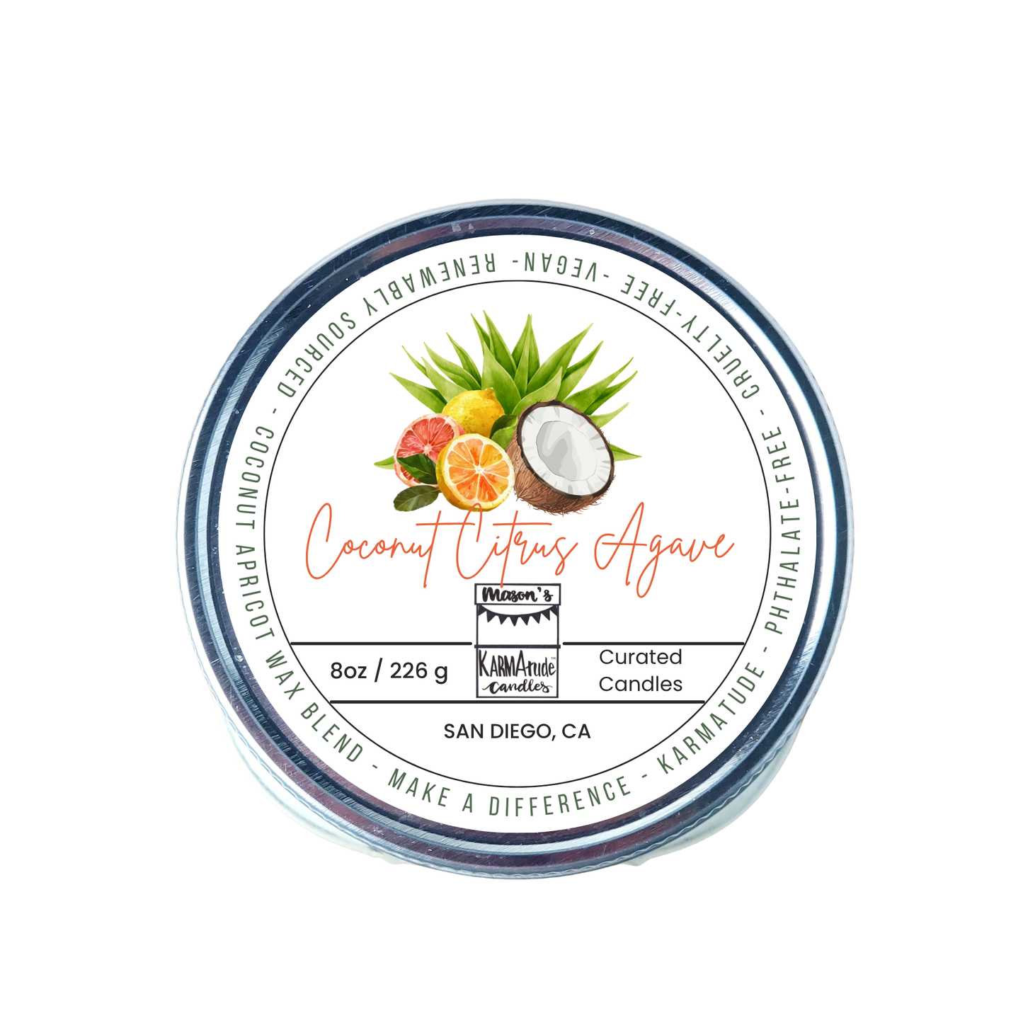 Coconut Citrus Agave 8 oz candle in mason jar with lid