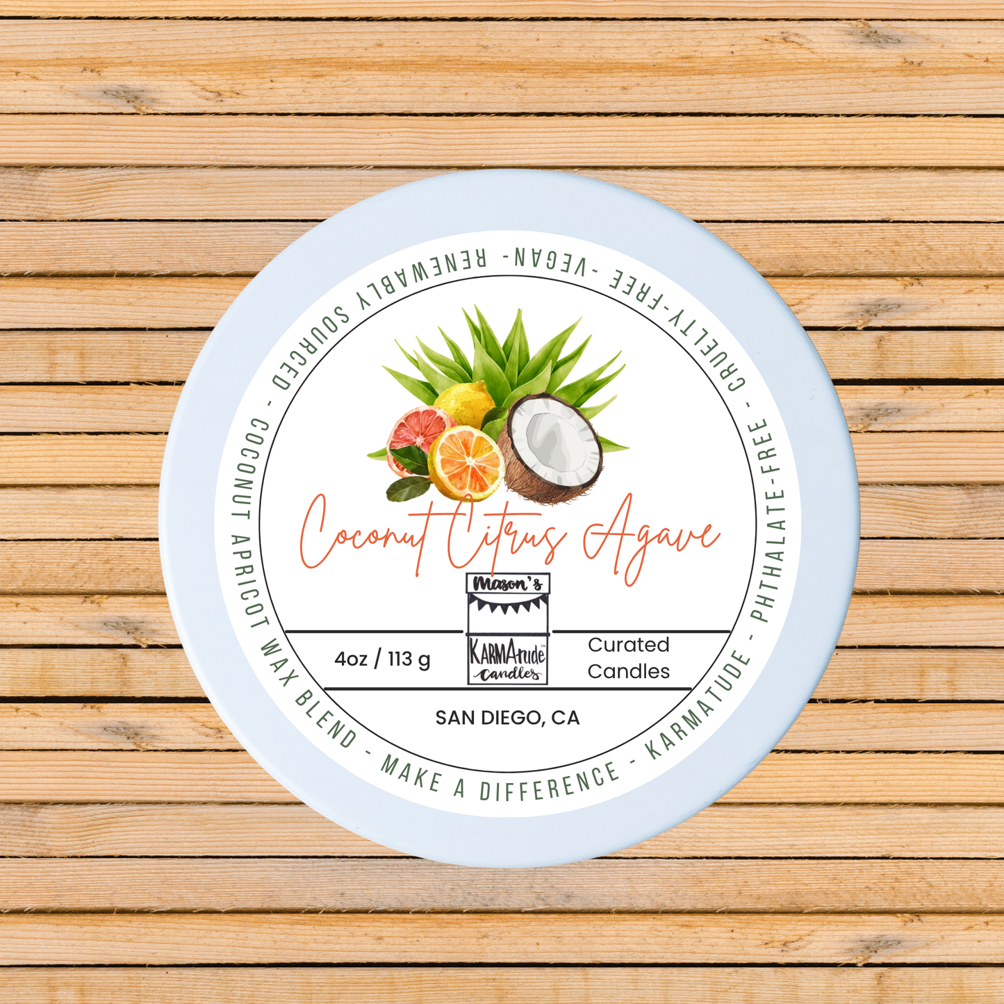 Coconut Citrus Agave 4 oz candle in white tin with lid