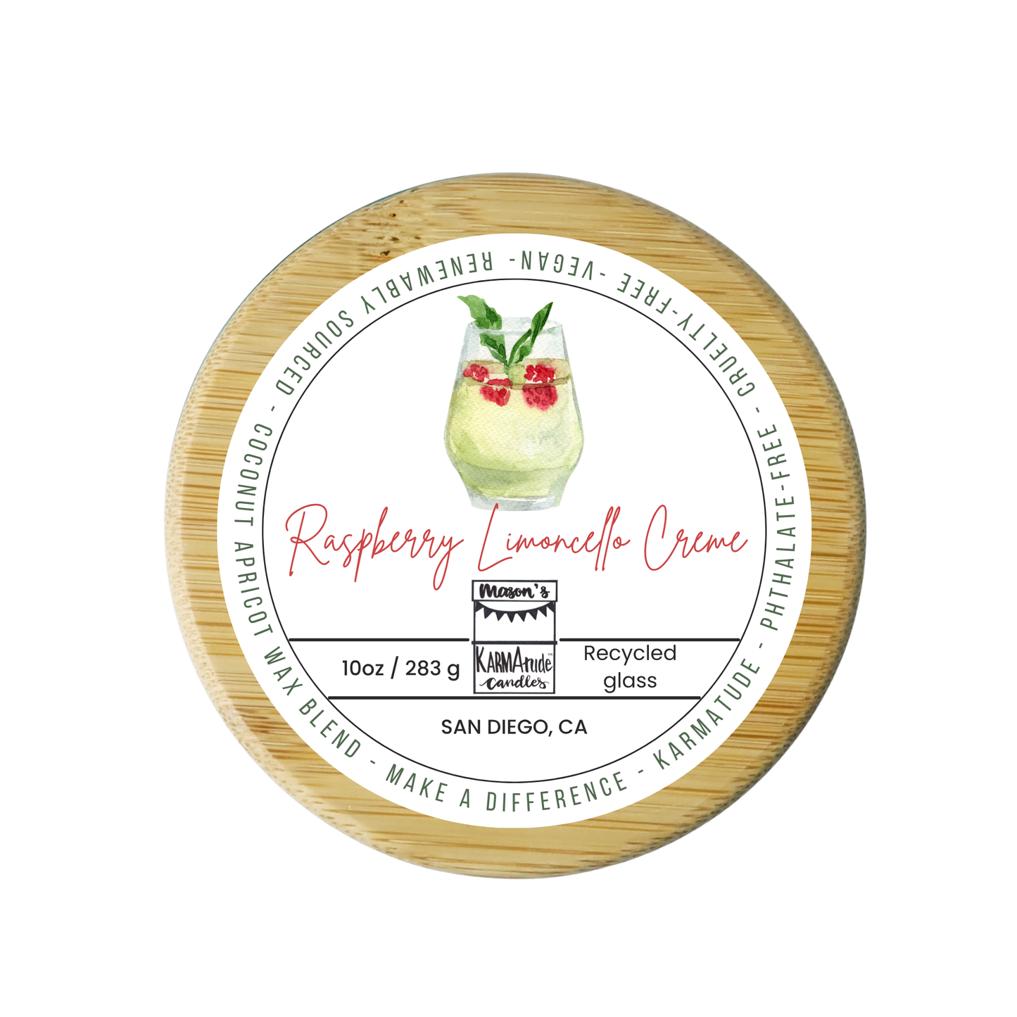 Raspberry Limoncello Creme 10 oz wood wick candle in recycled glass with wood lid