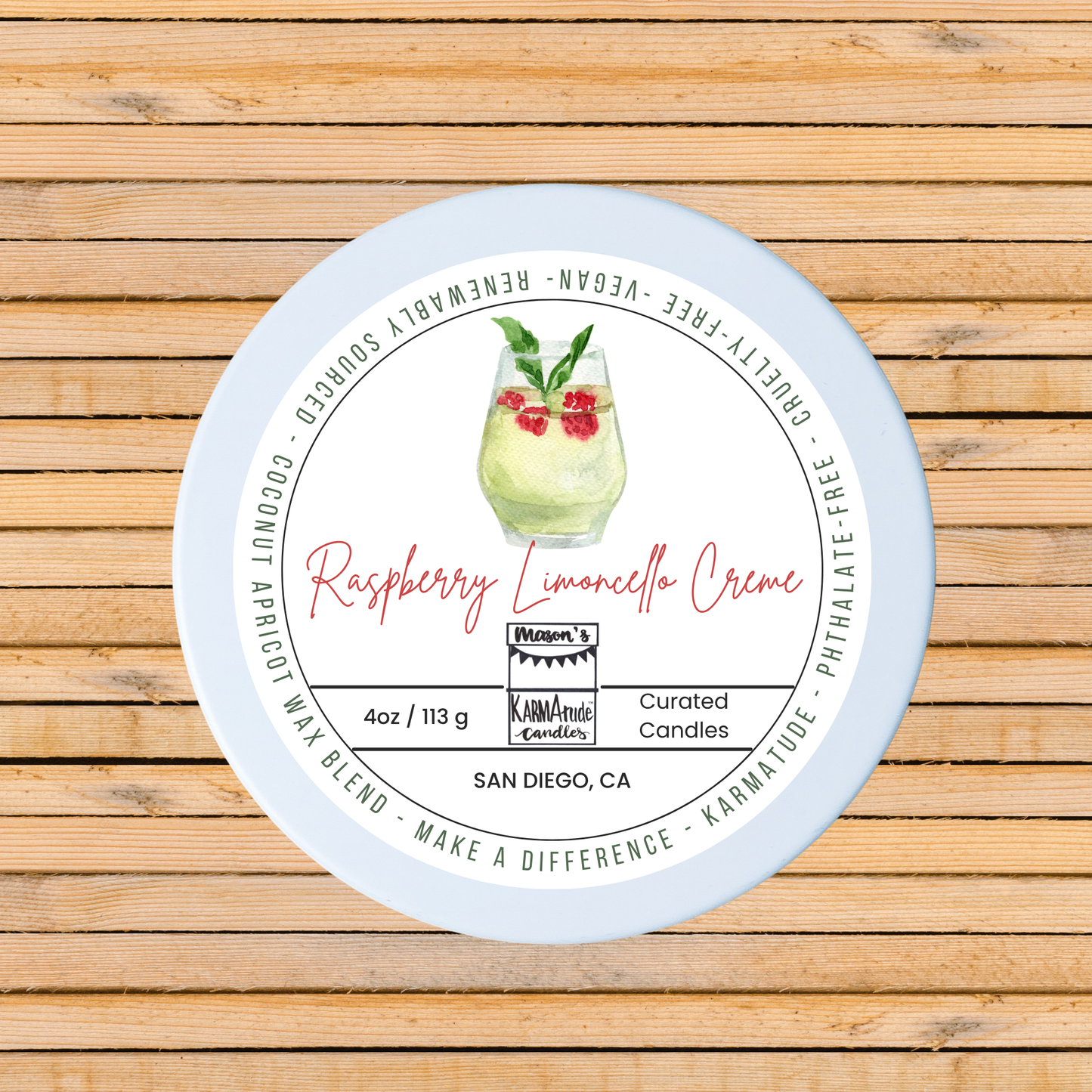 Raspberry Limoncello Creme 4 oz candle in white tin with lid