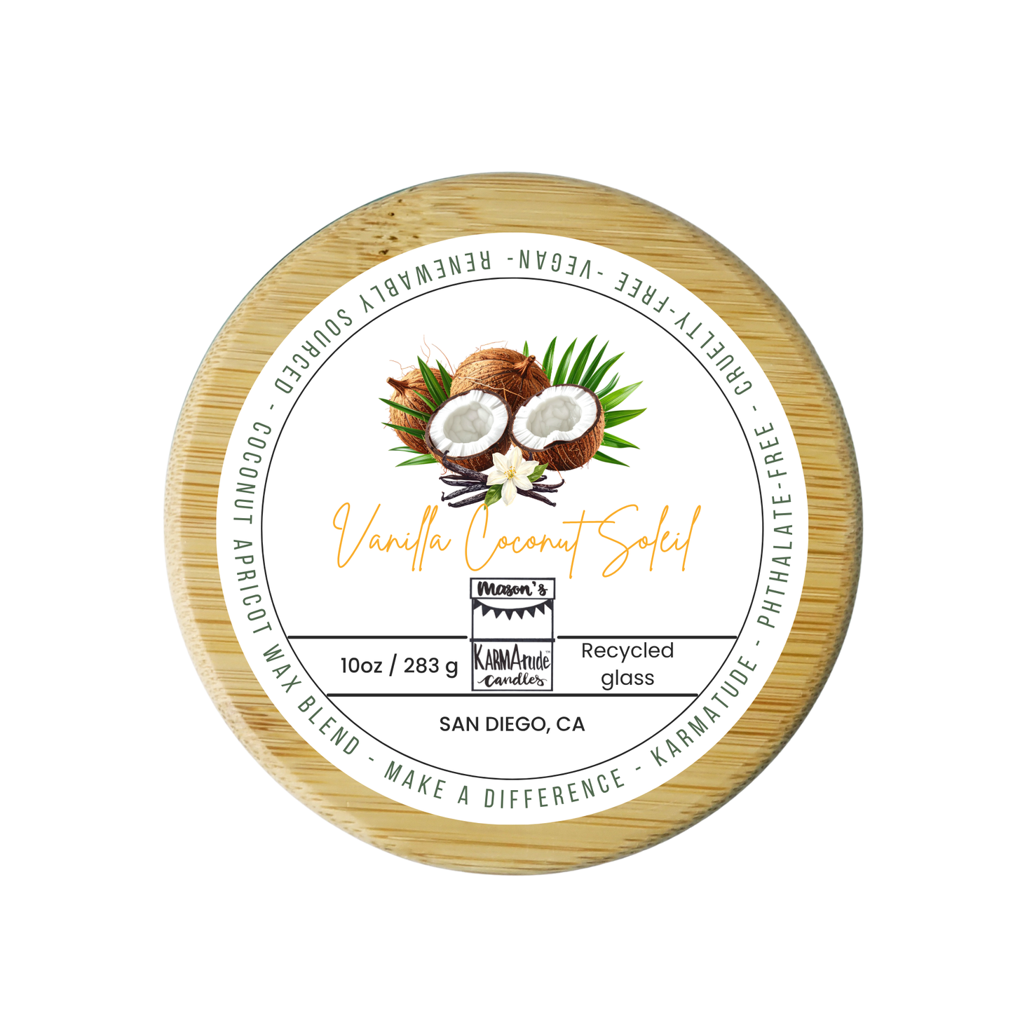 Vanilla Coconut Soleil 10 oz wood wick candle in recycled glass with wood lid