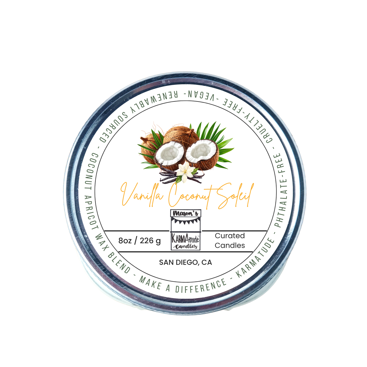 Vanilla Coconut Soleil 8 oz candle in mason jar with lid