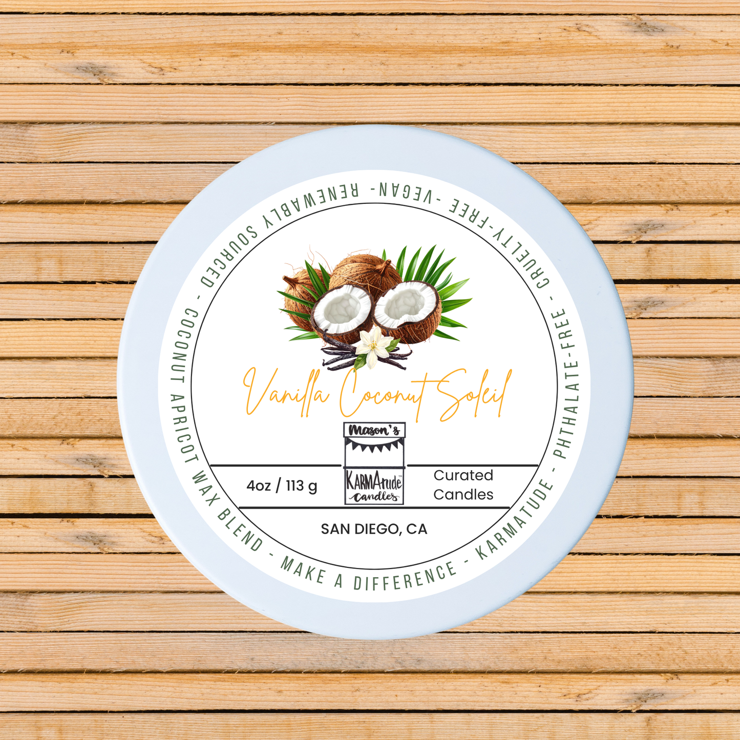 Vanilla Coconut Soleil 4 oz candle in white tin with lid