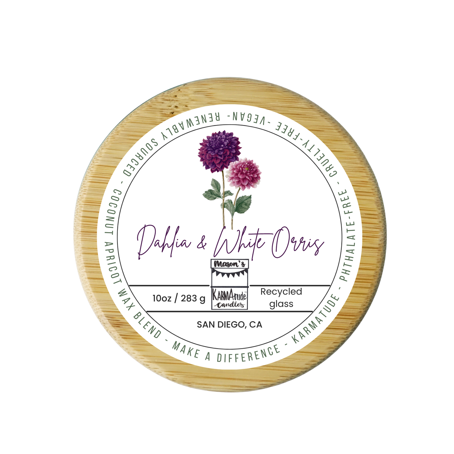 Dahlia & White Orris 10 oz wood wick candle in recycled glass with wood lid