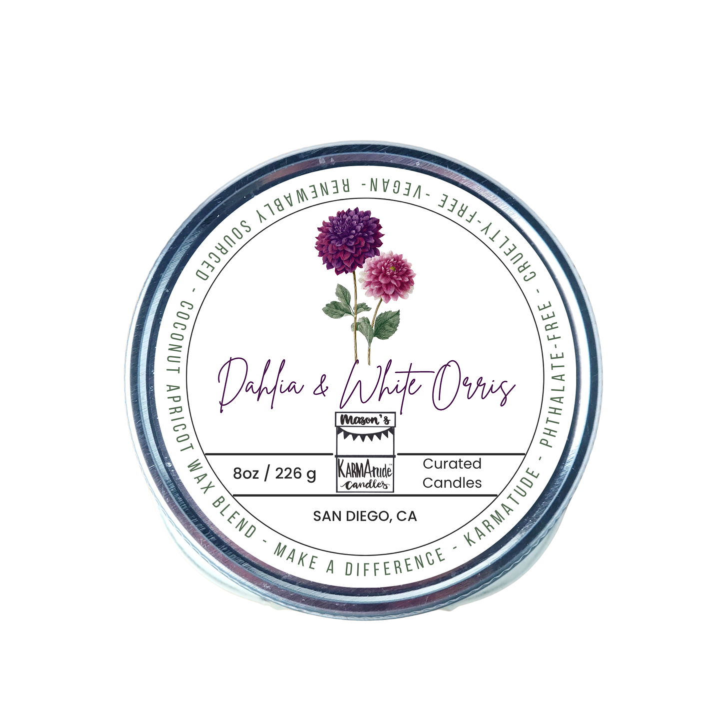Dahlia & White Orris 8 oz candle in mason jar with lid
