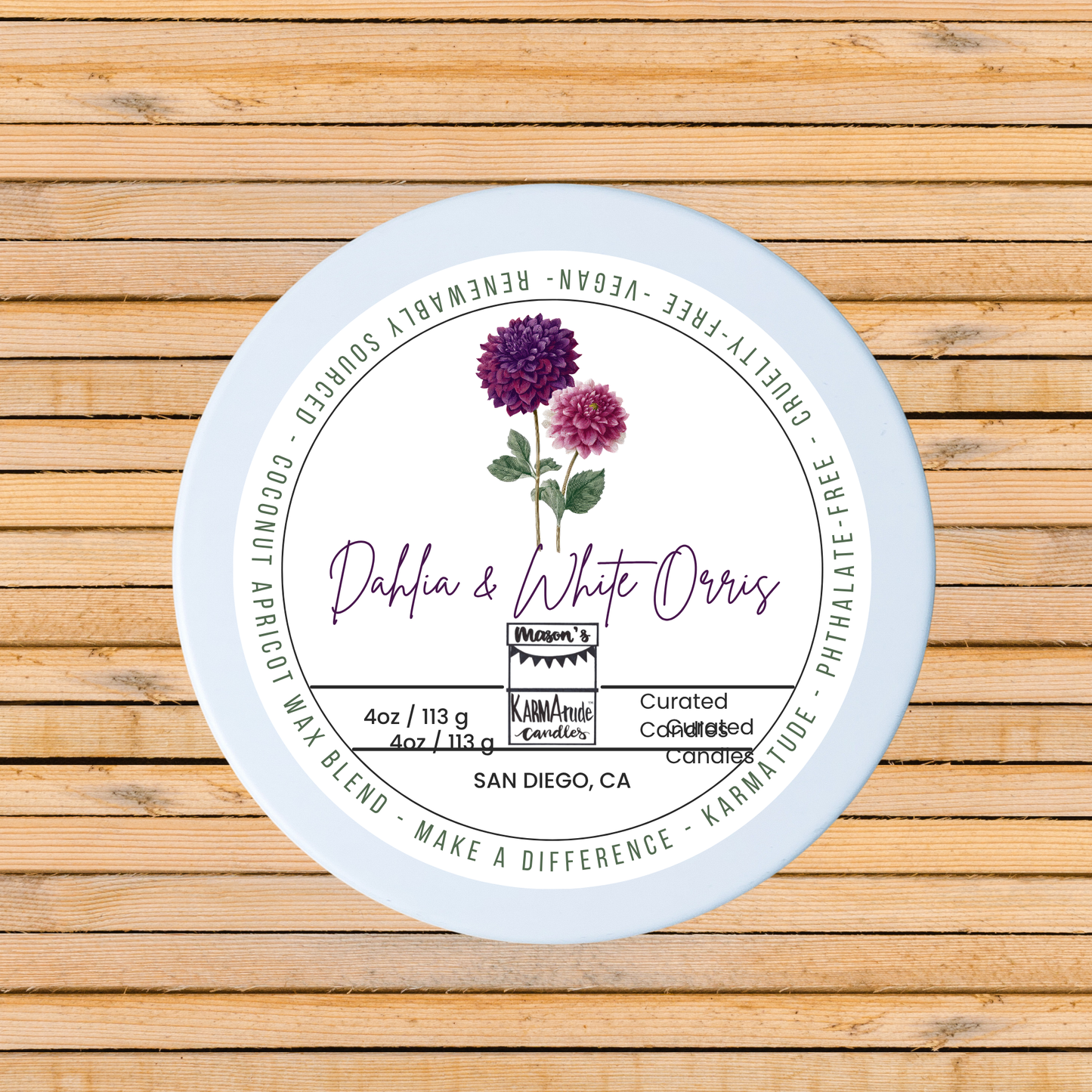 Dahlia & White Orris 4 oz candle in white tin with lid