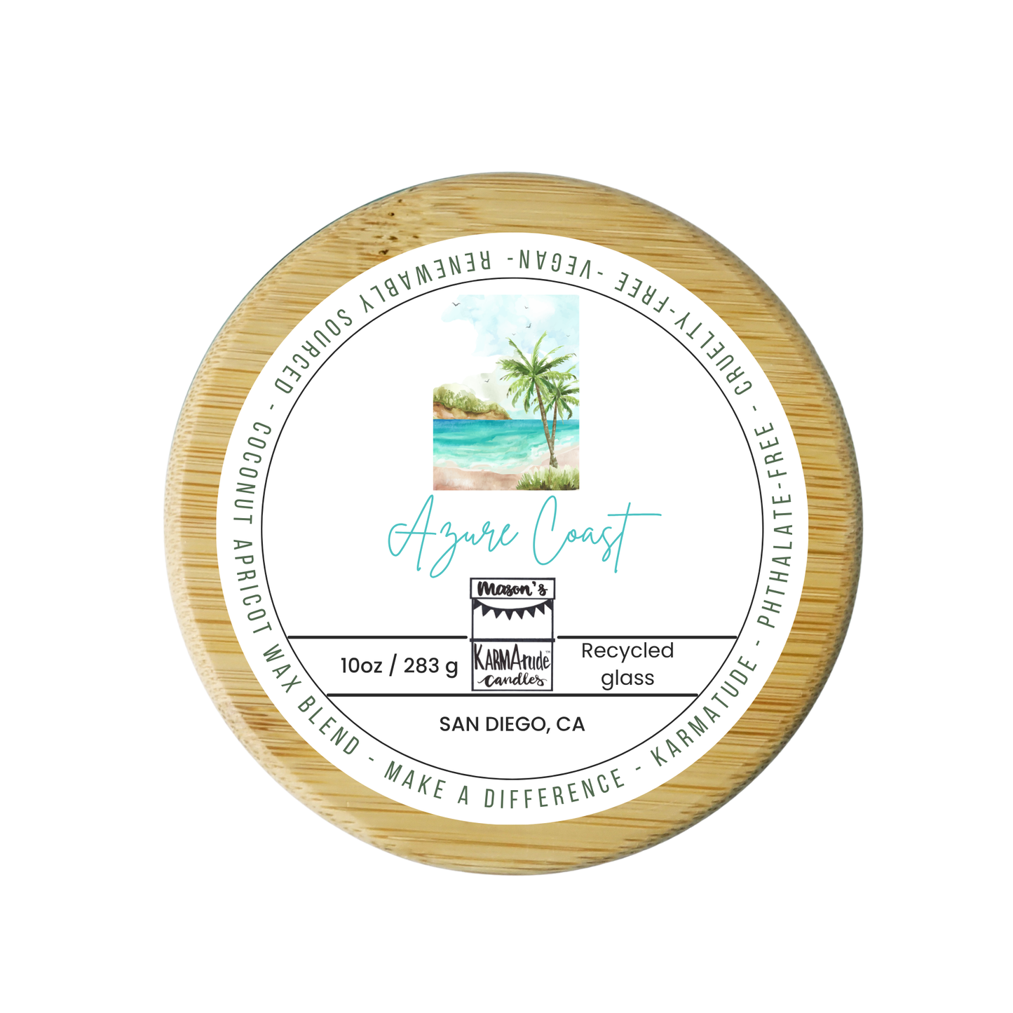 Azure Coast 10 oz wood wick candle in recycled glass with wood lid