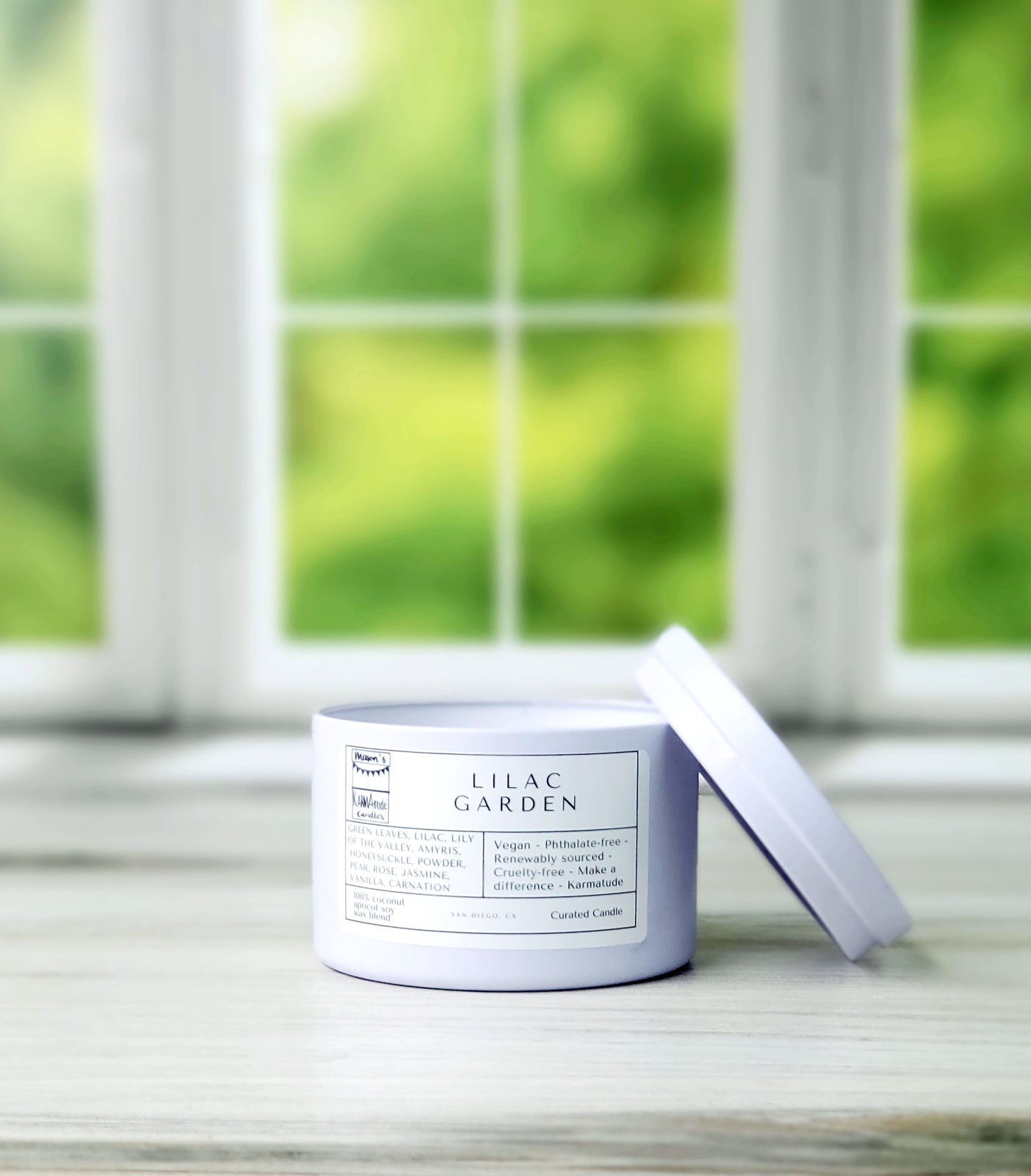 Lilac Garden 8 oz candle in white tin with lid