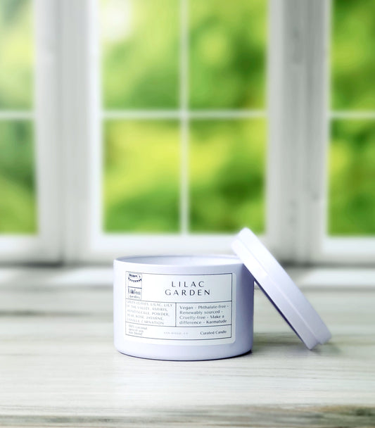 Lilac Garden 8 oz candle in white tin with lid