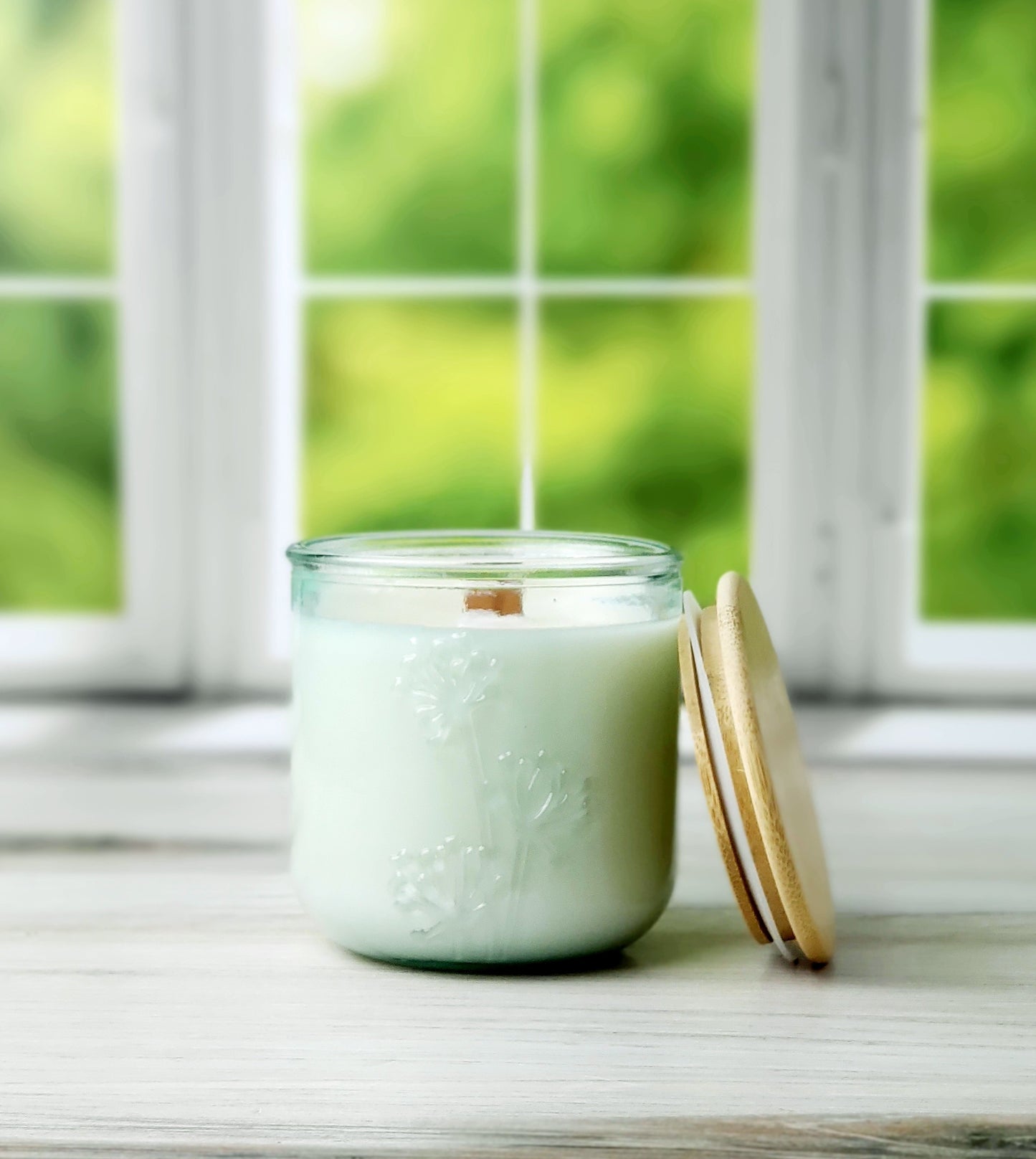 Tranquil Spa 10 oz wood wick candle in recycled glass with wood lid