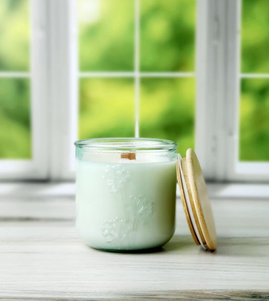 Azure Coast 10 oz wood wick candle in recycled glass with wood lid
