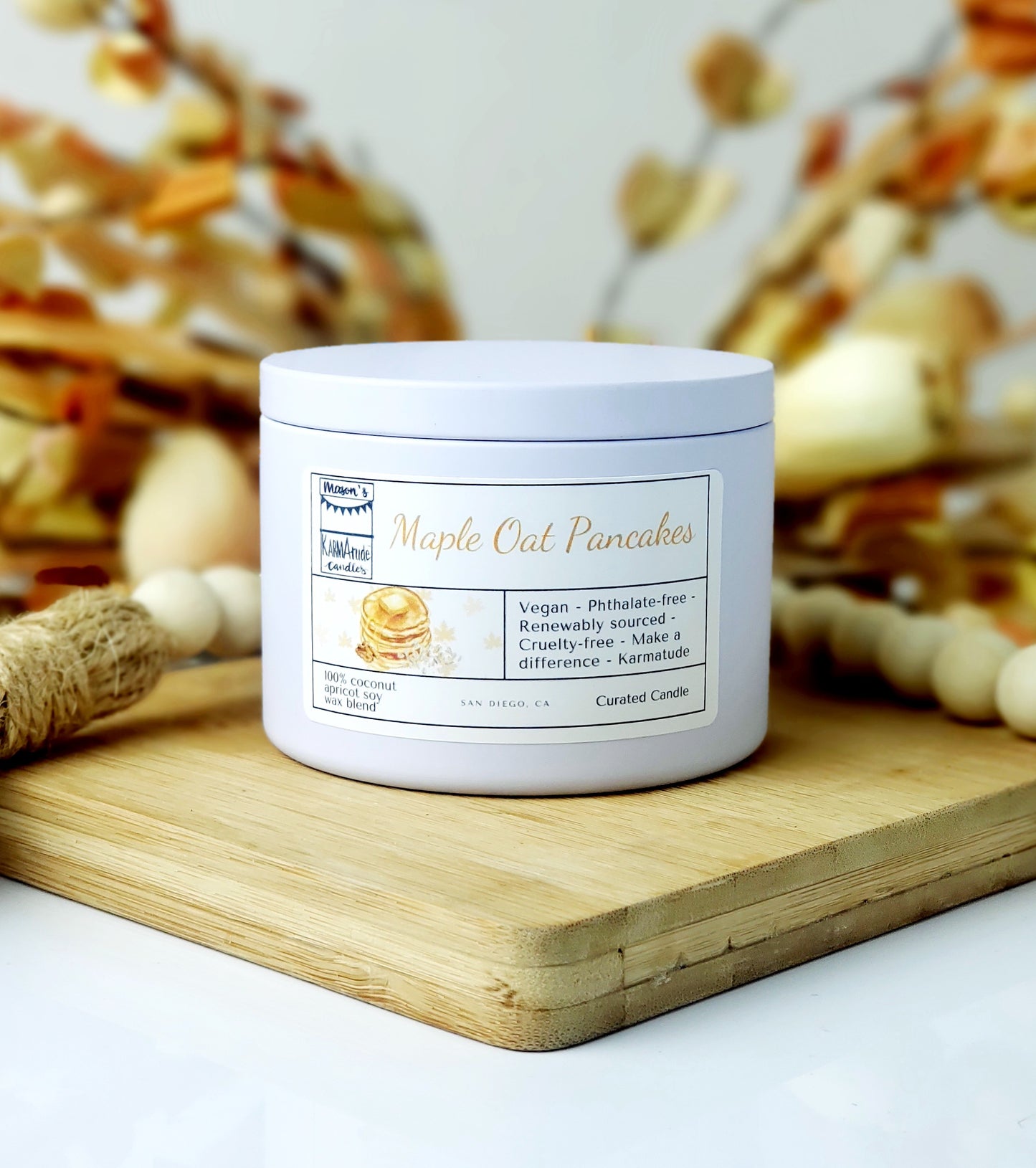 Maple Oat Pancakes 8 oz candle in white tin with lid
