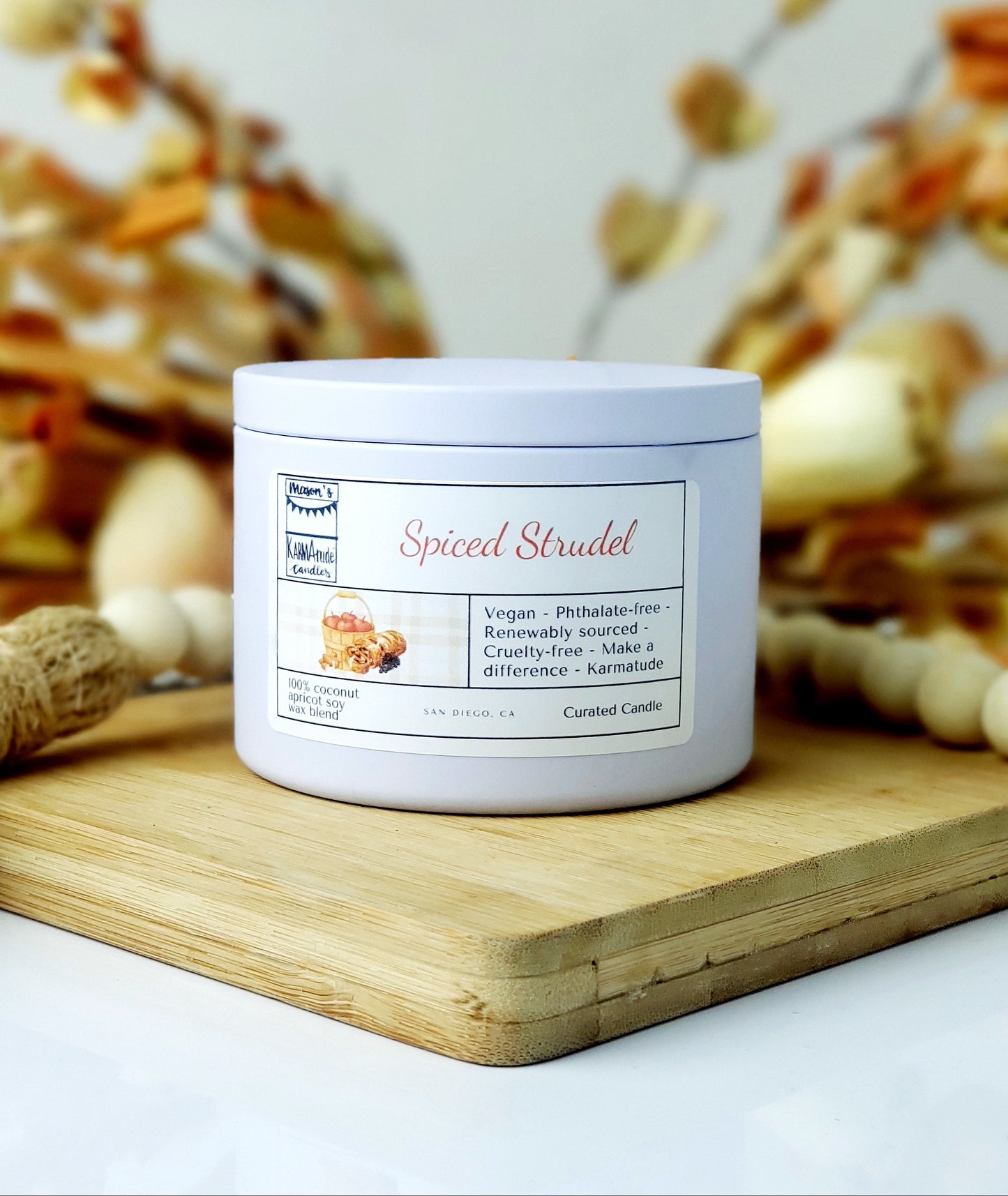Spiced Strudel 8 oz candle in white tin with lid