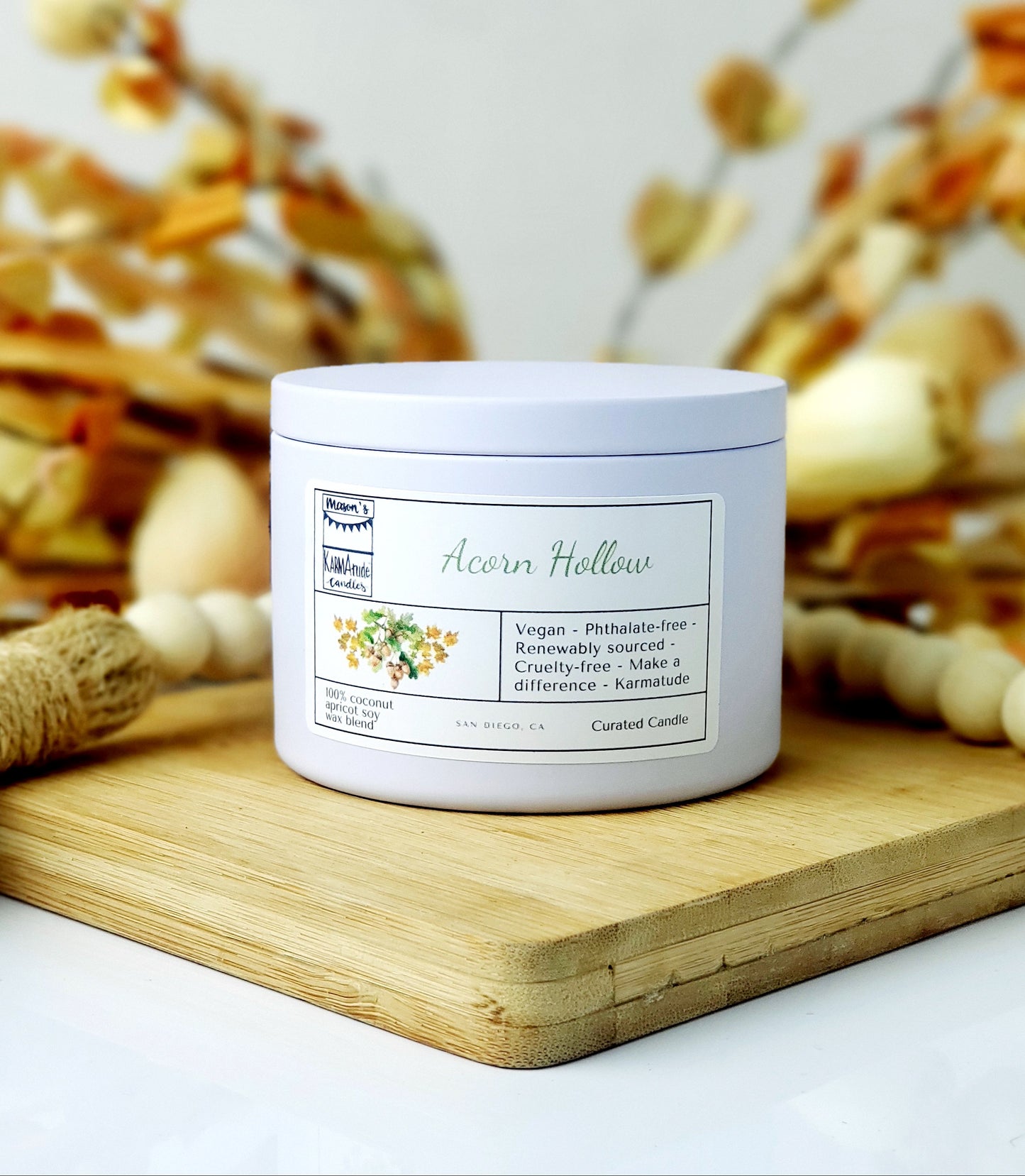 Acorn Hollow 8 oz candle in white tin with lid