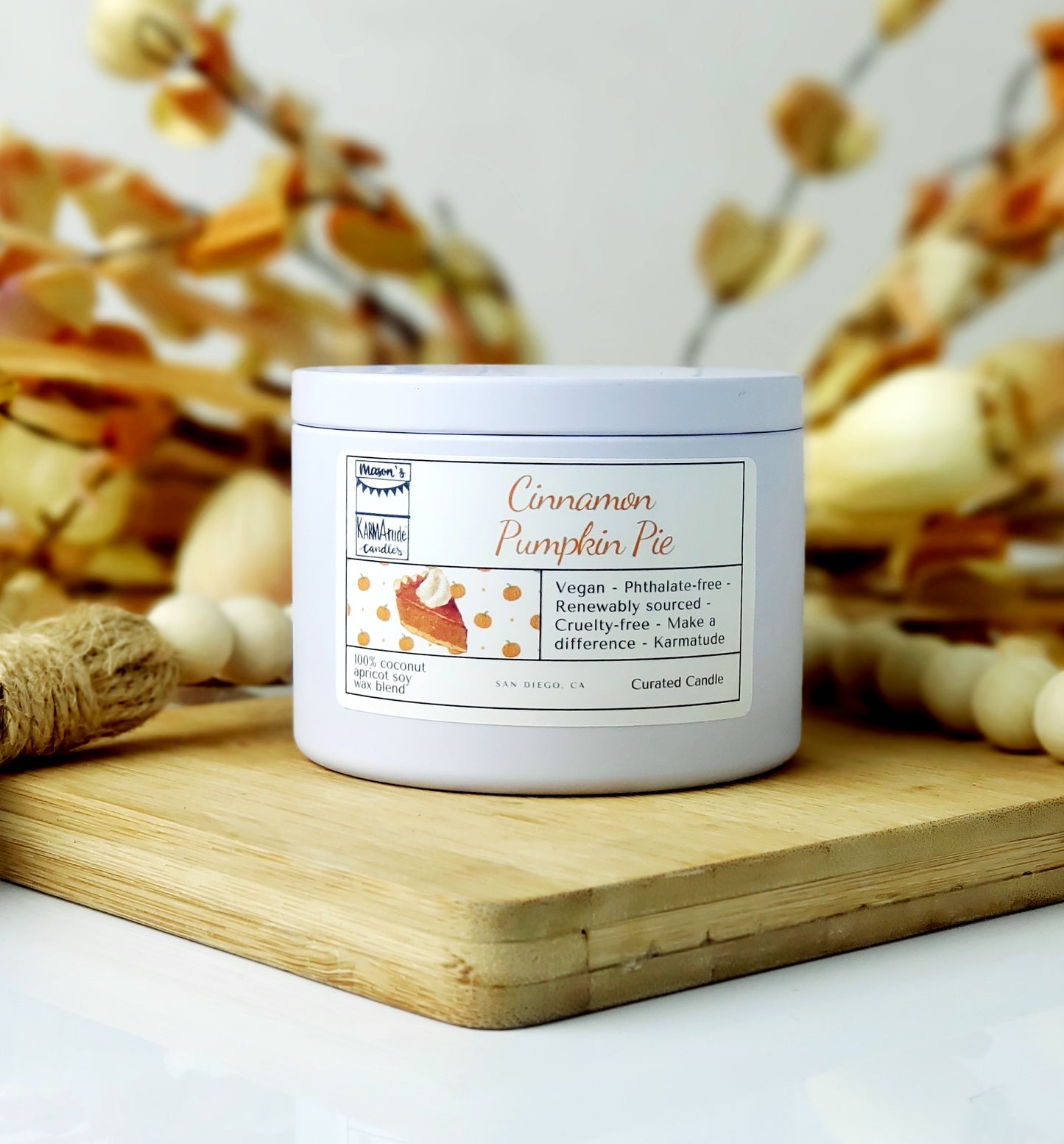Cinnamon Pumpkin Pie 8 oz candle in white tin with lid