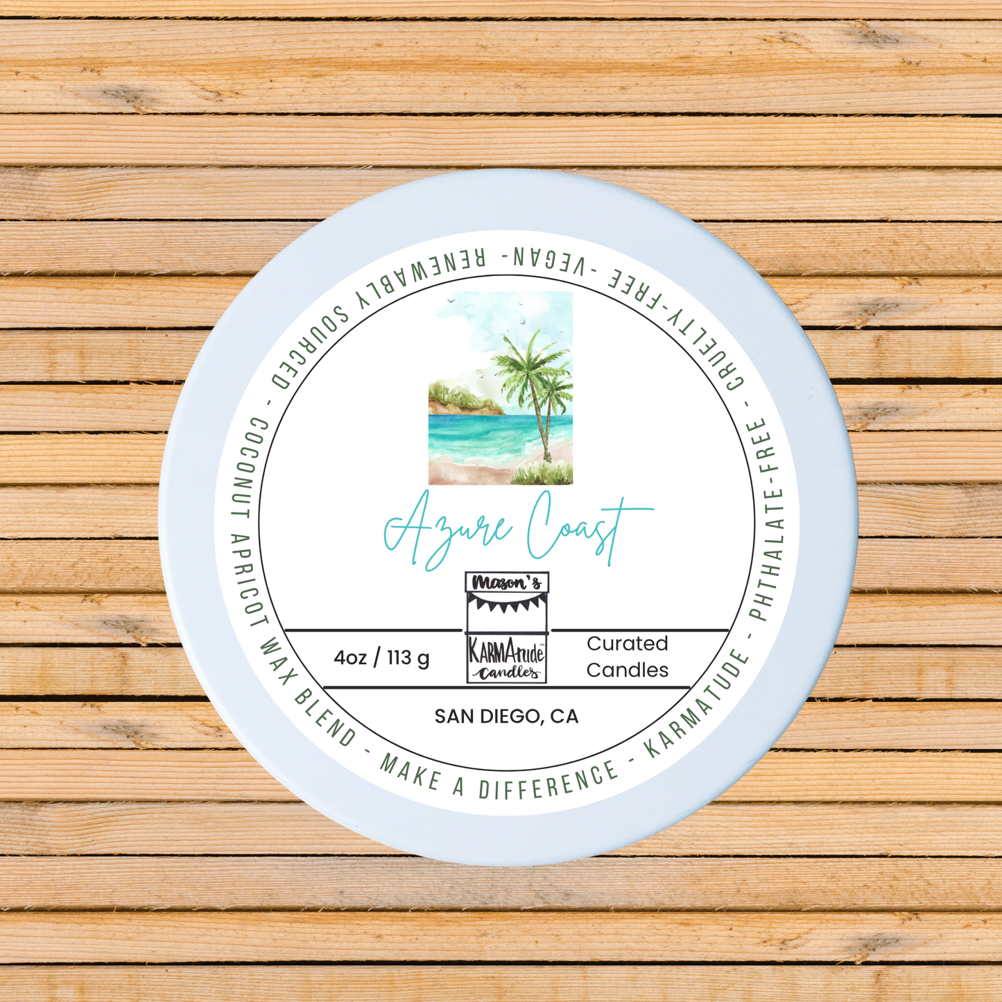 Azure Coast 4 oz candle in white tin with lid