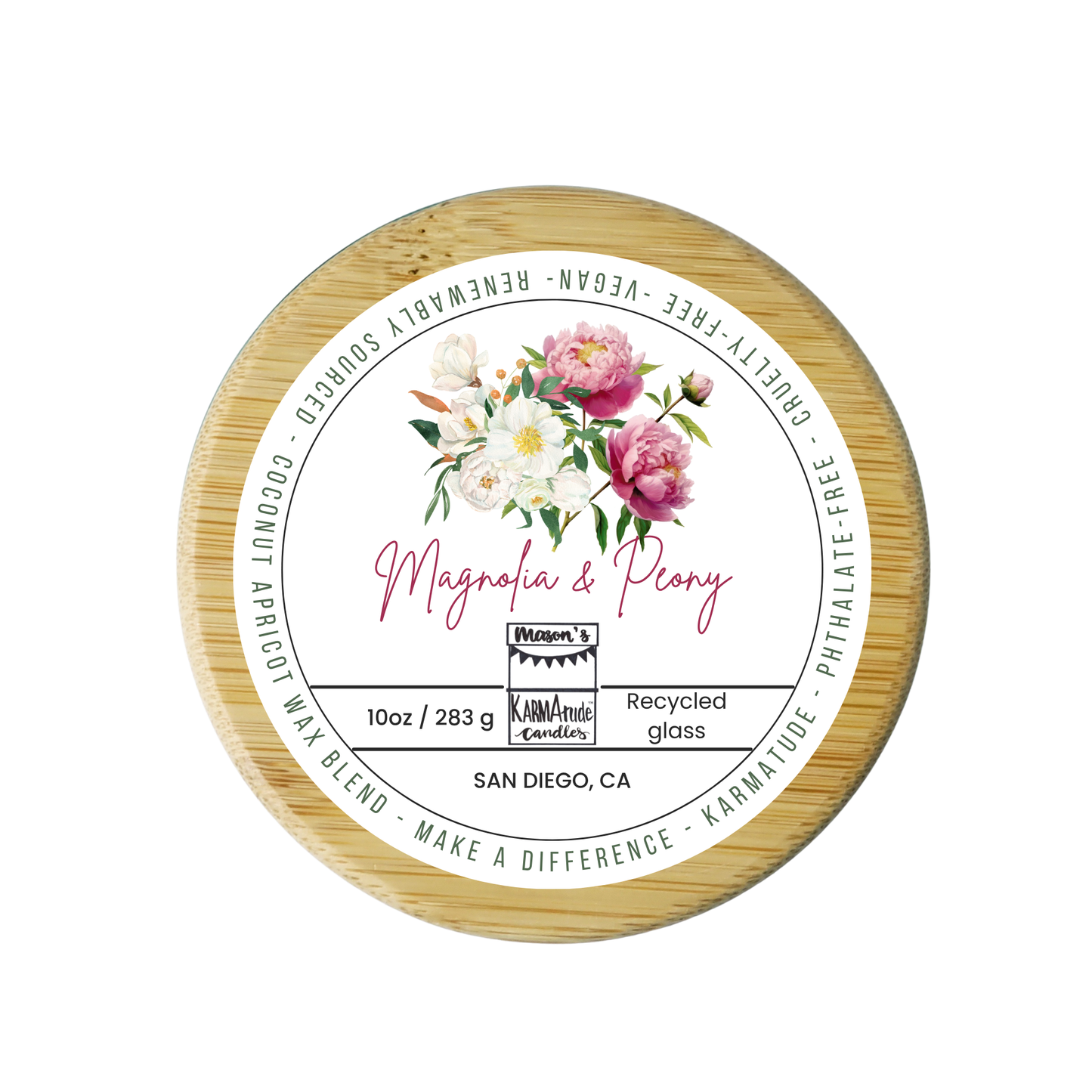 Magnolia & Peony 10 oz wood wick candle in recycled glass with wood lid
