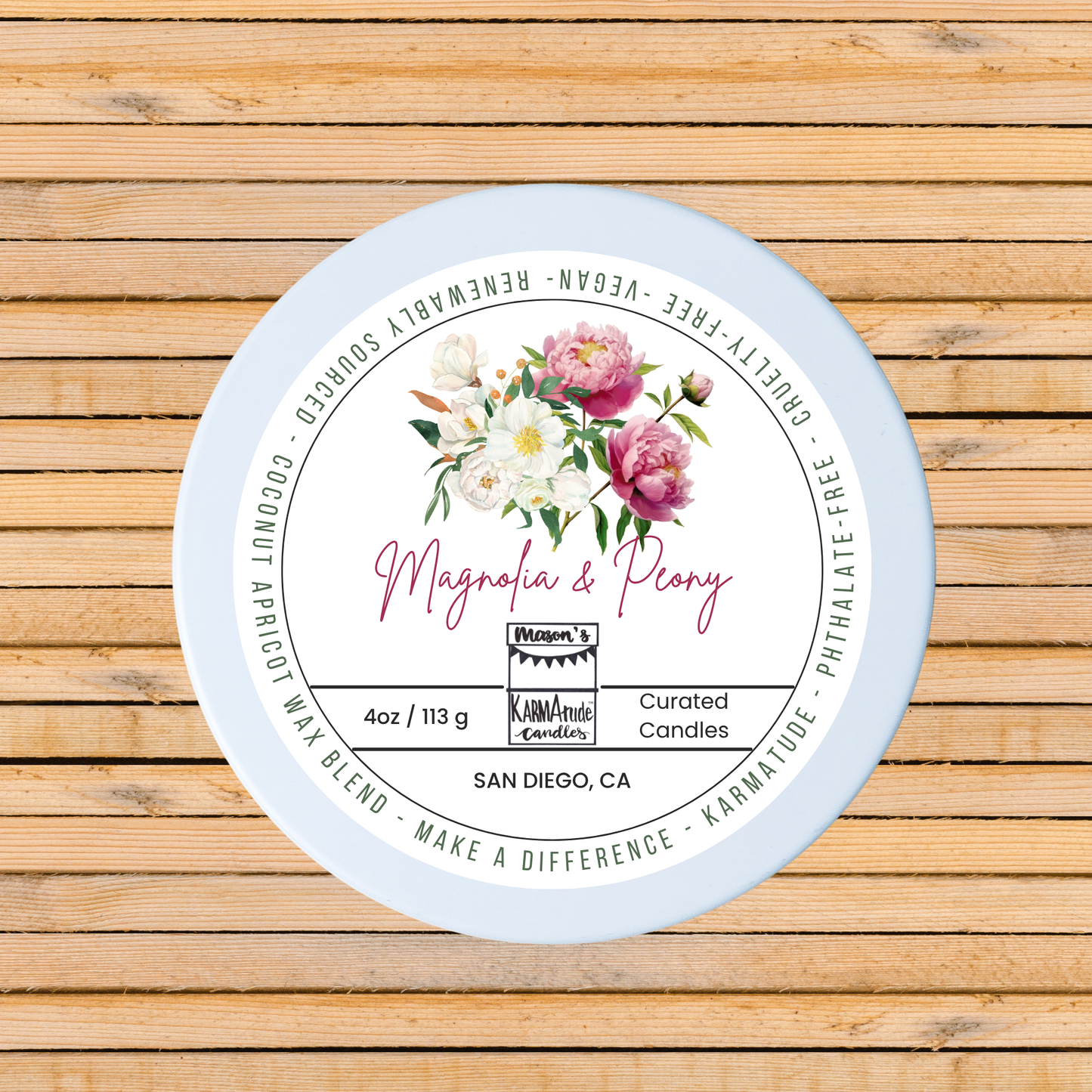 Magnolia & Peony 4 oz candle in white tin with lid