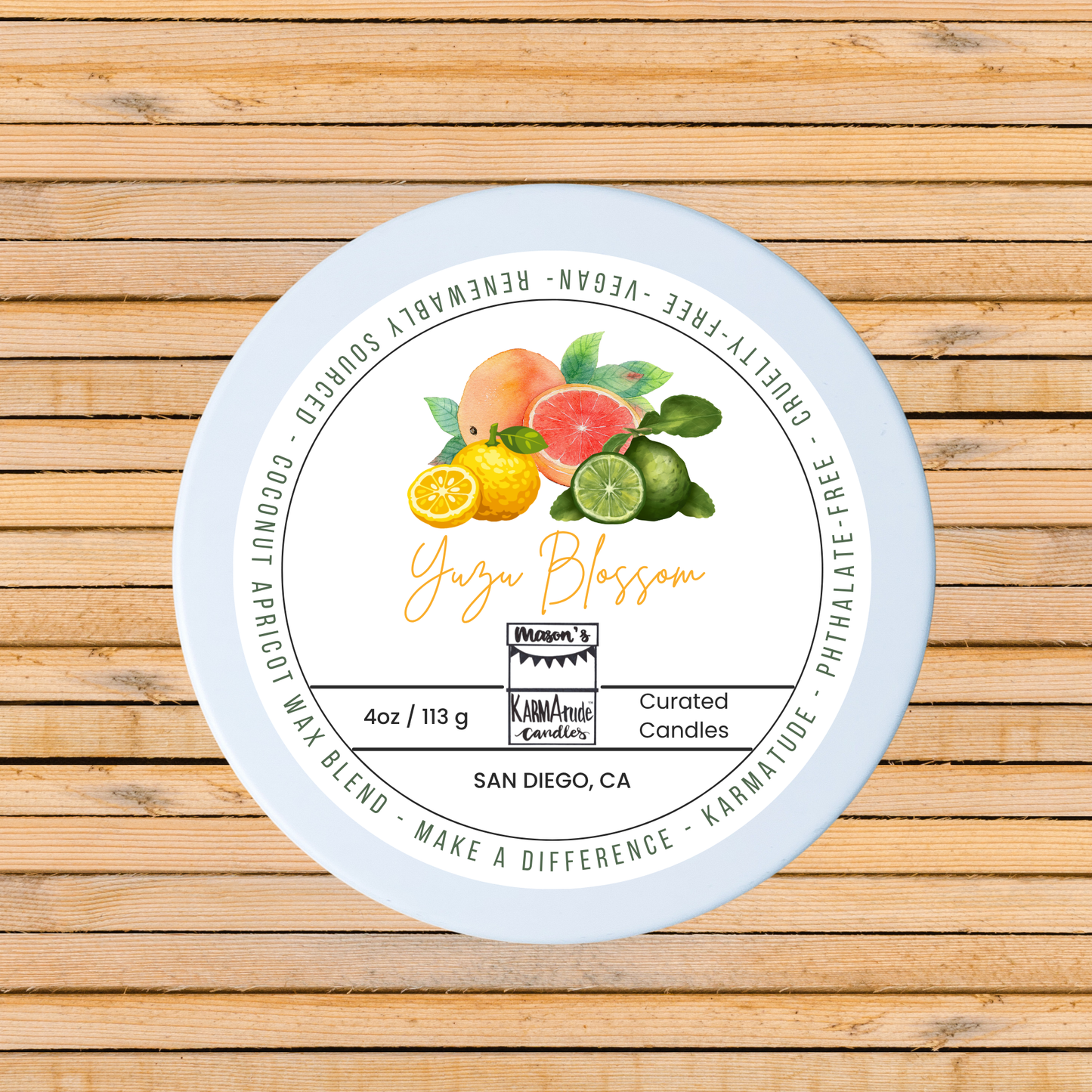 Yuzu Blossom 4 oz candle in white tin with lid