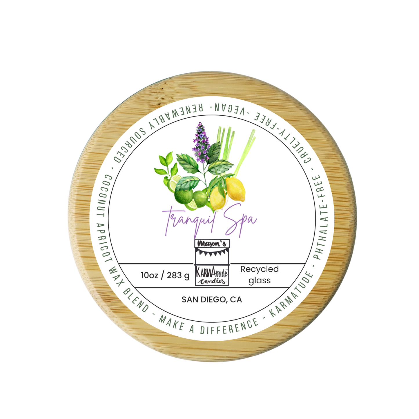 Tranquil Spa 10 oz wood wick candle in recycled glass with wood lid