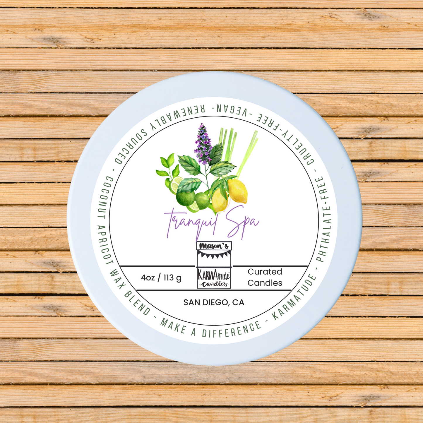 Tranquil Spa 4 oz candle in white tin with lid