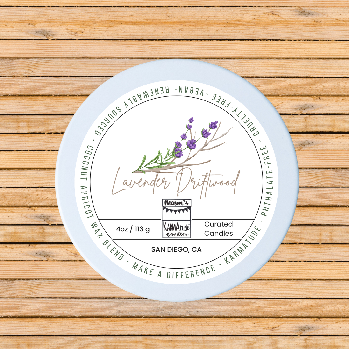 Lavender Driftwood 4 oz candle in white tin with lid