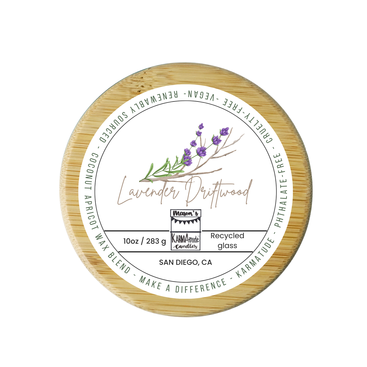 Lavender Driftwood 10 oz wood wick candle in recycled glass with wood lid