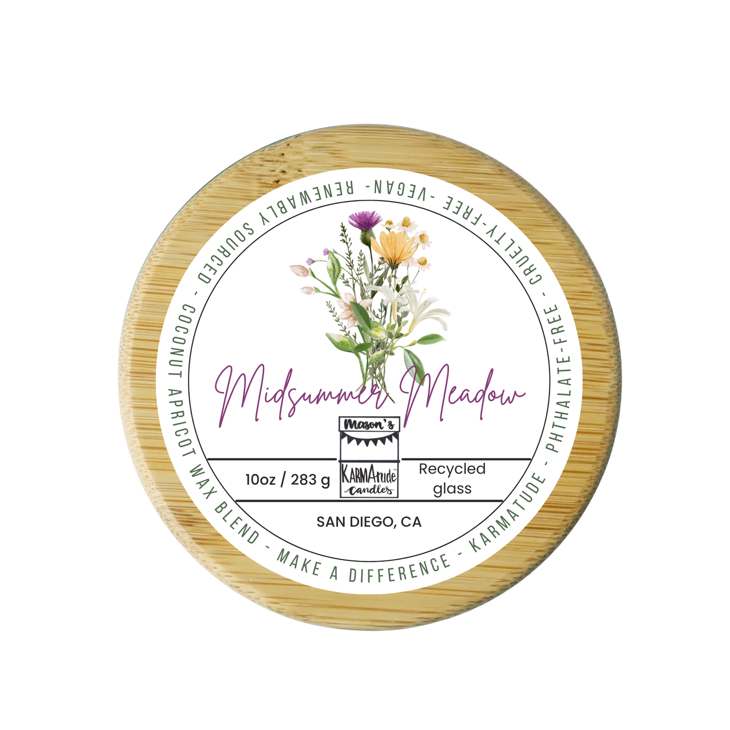 Midsummer Meadow 10 oz wood wick candle in recycled glass with wood lid