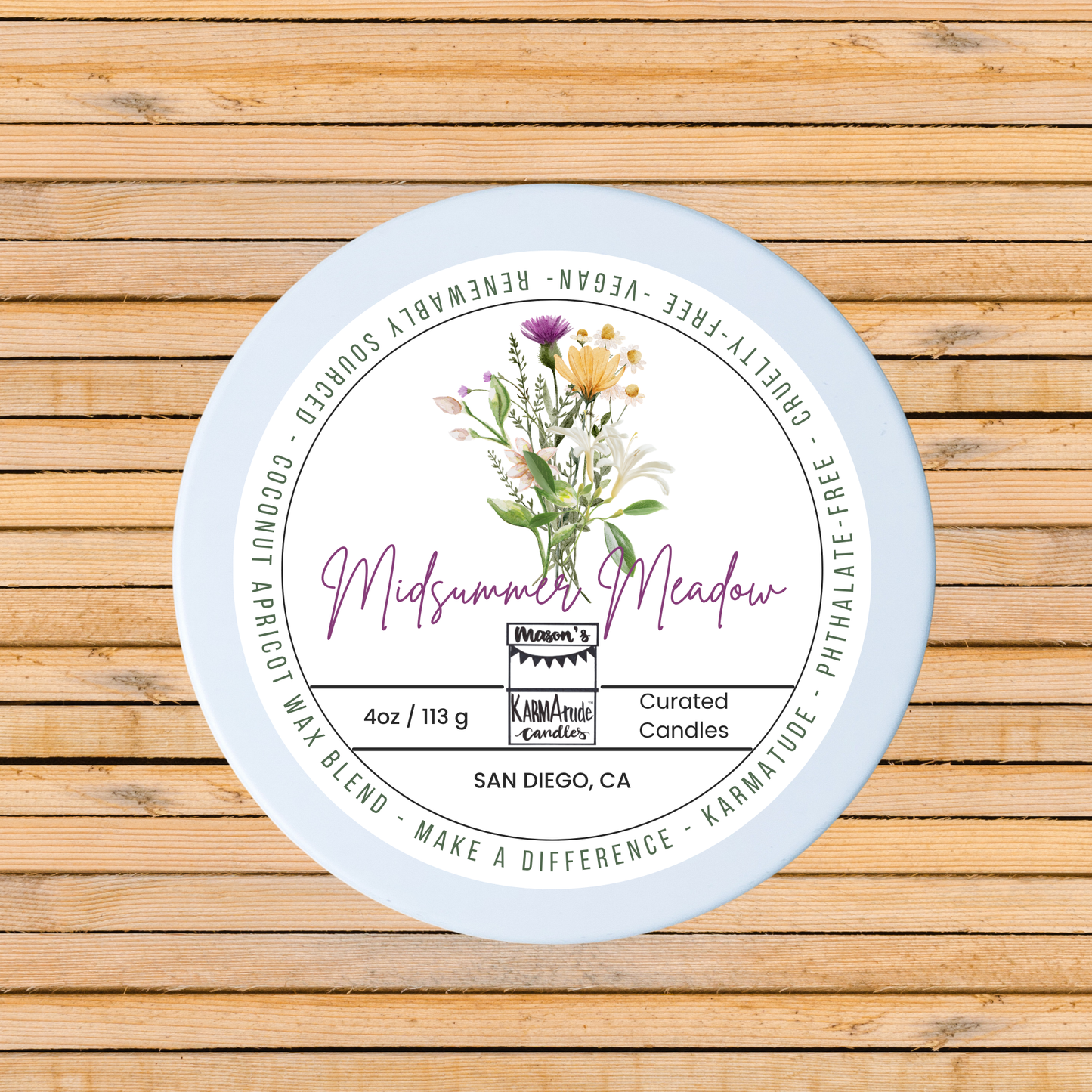 Midsummer Meadow 4oz candle in white tin with lid