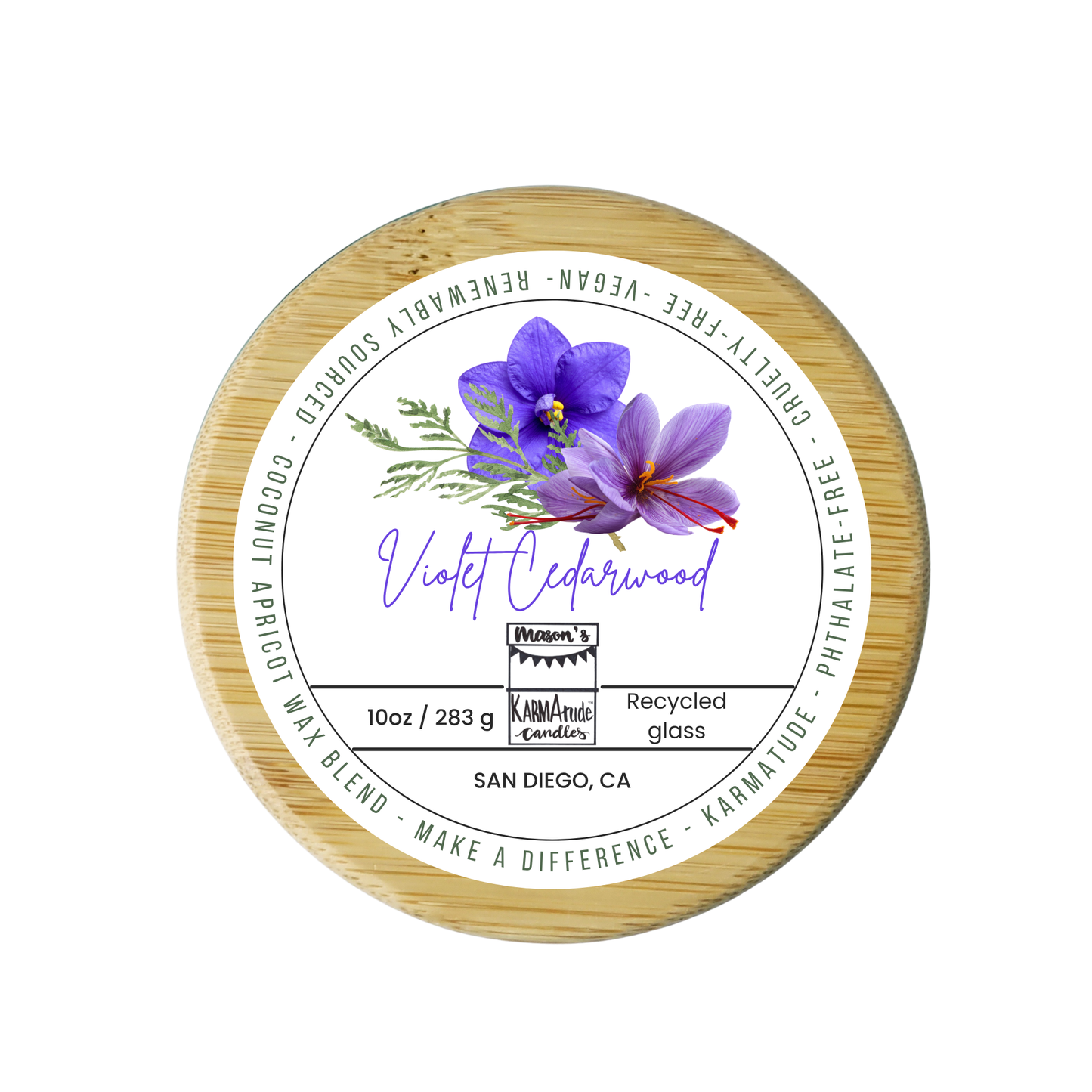 Violet Cedarwood 10 oz wood wick candle in recycled glass with wood lid