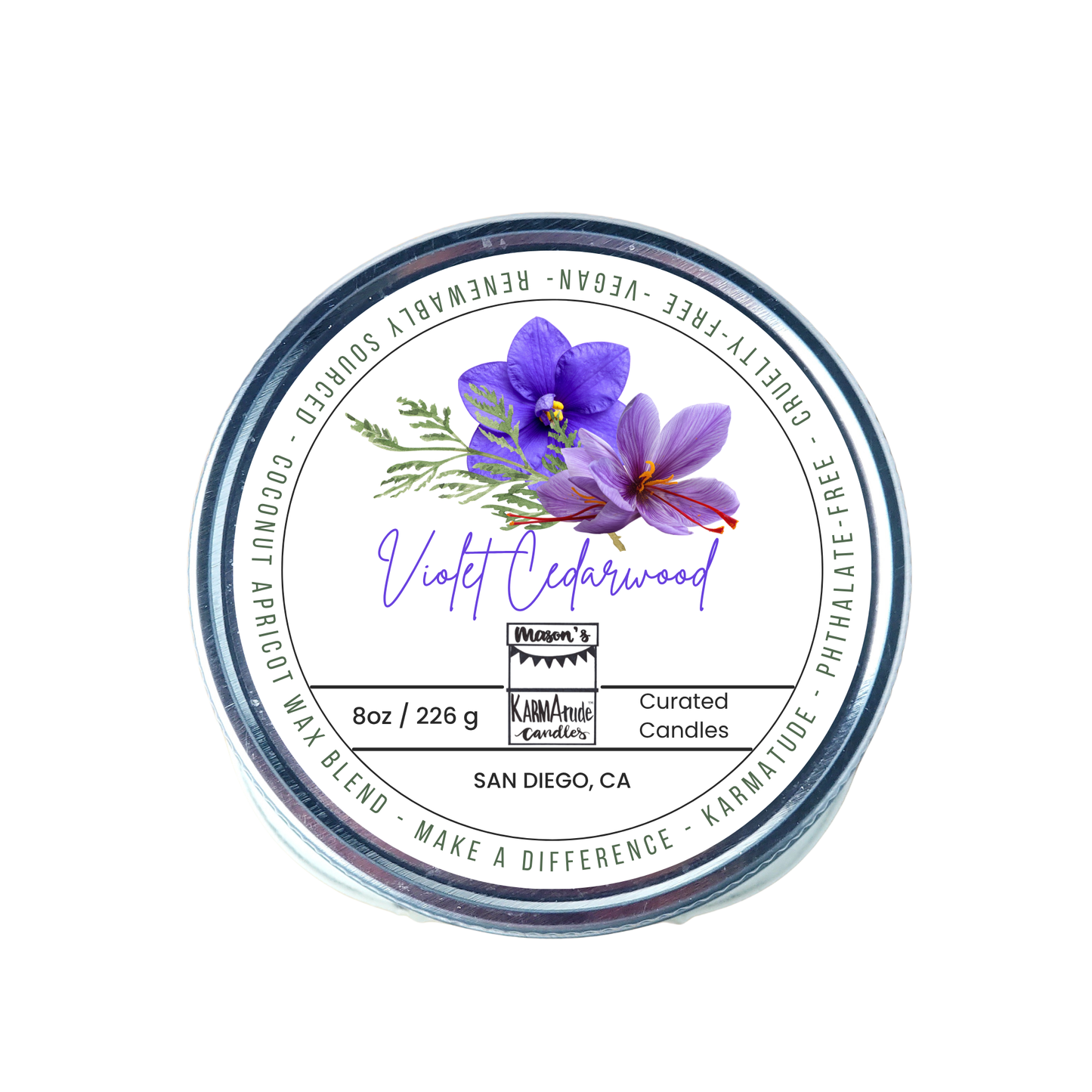 Violet Cedarwood 8 oz candle in mason jar with lid
