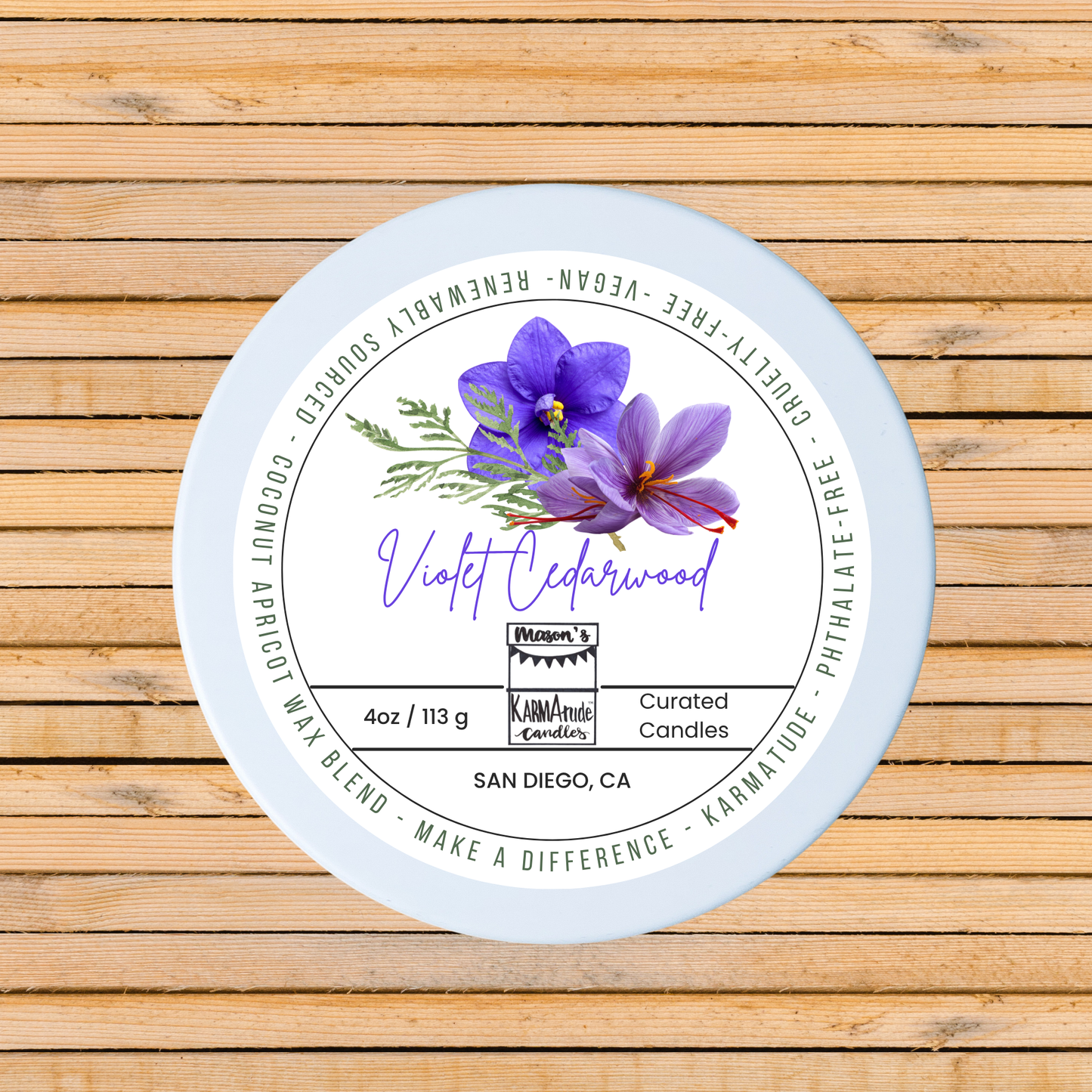 Violet Cedarwood 4 oz candle in white tin with lid