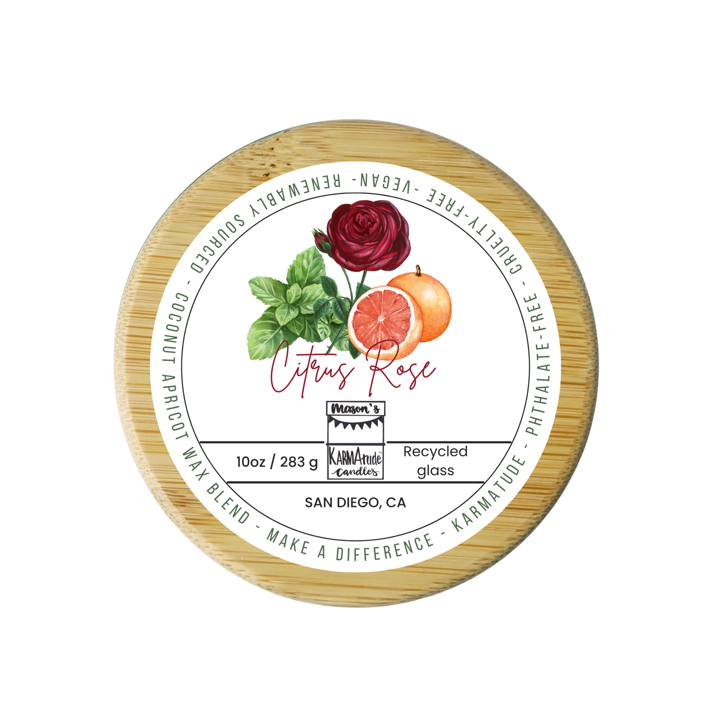 Citrus Rose 10 oz wood wick candle in recycled glass with wood lid
