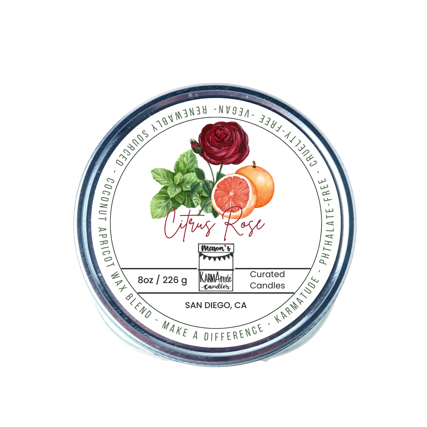 Citrus Rose 8 oz candle in mason jar with lid