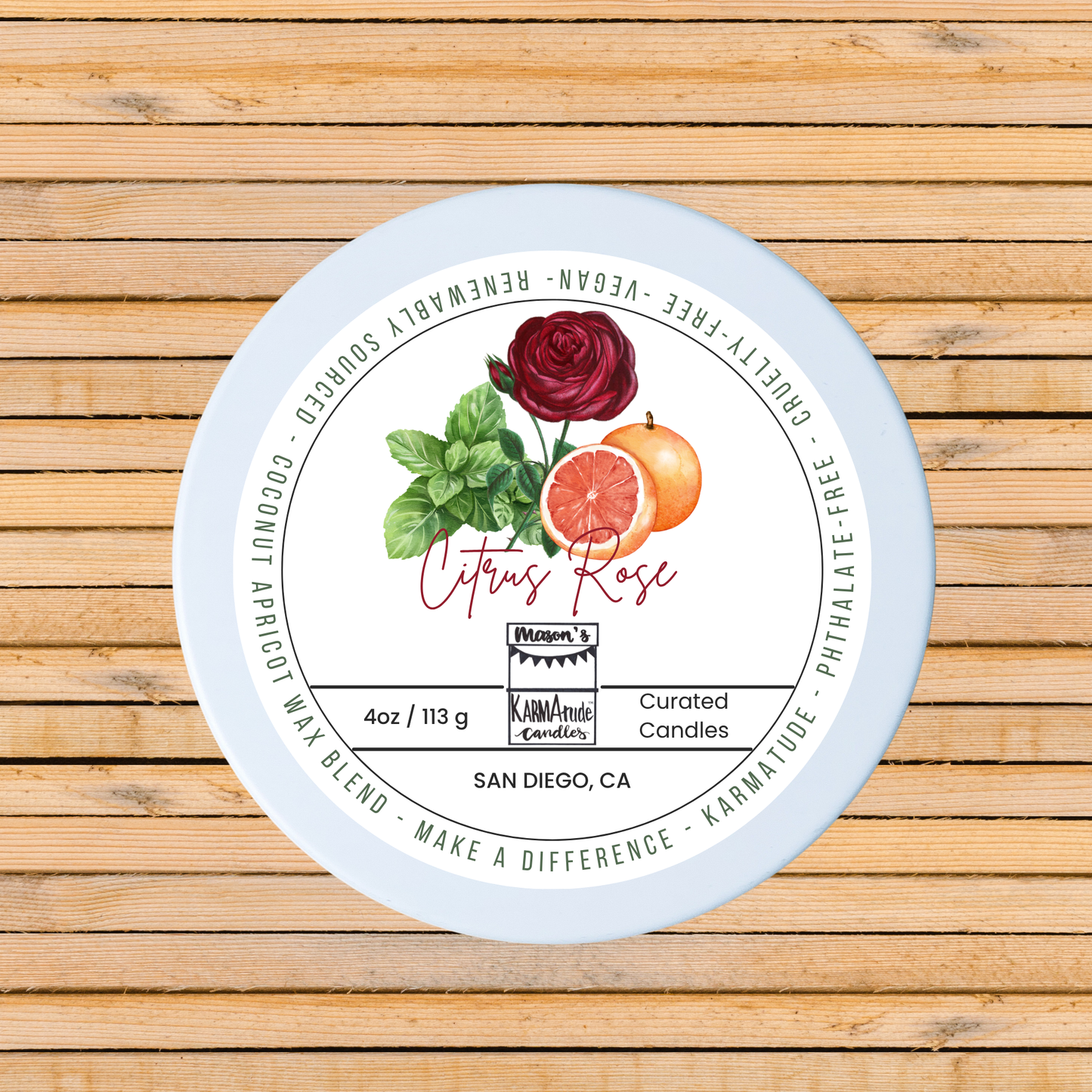 Citrus Rose 4 oz candle in white tin with lid