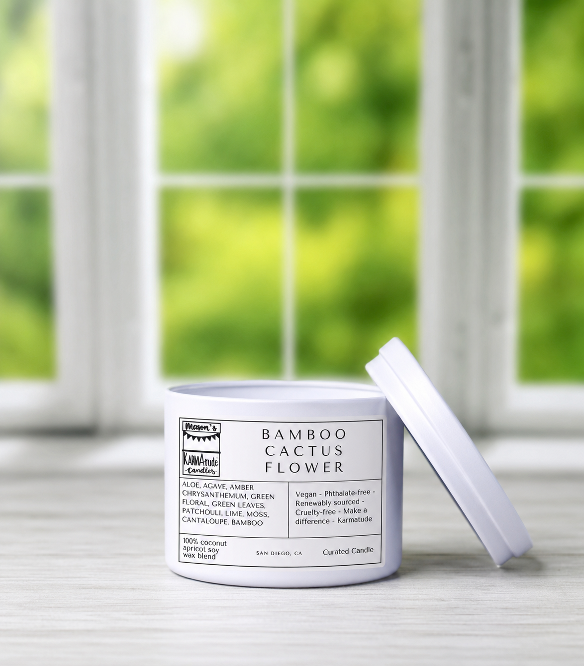 Bamboo Cactus Flower 8 oz candle in white tin with lid